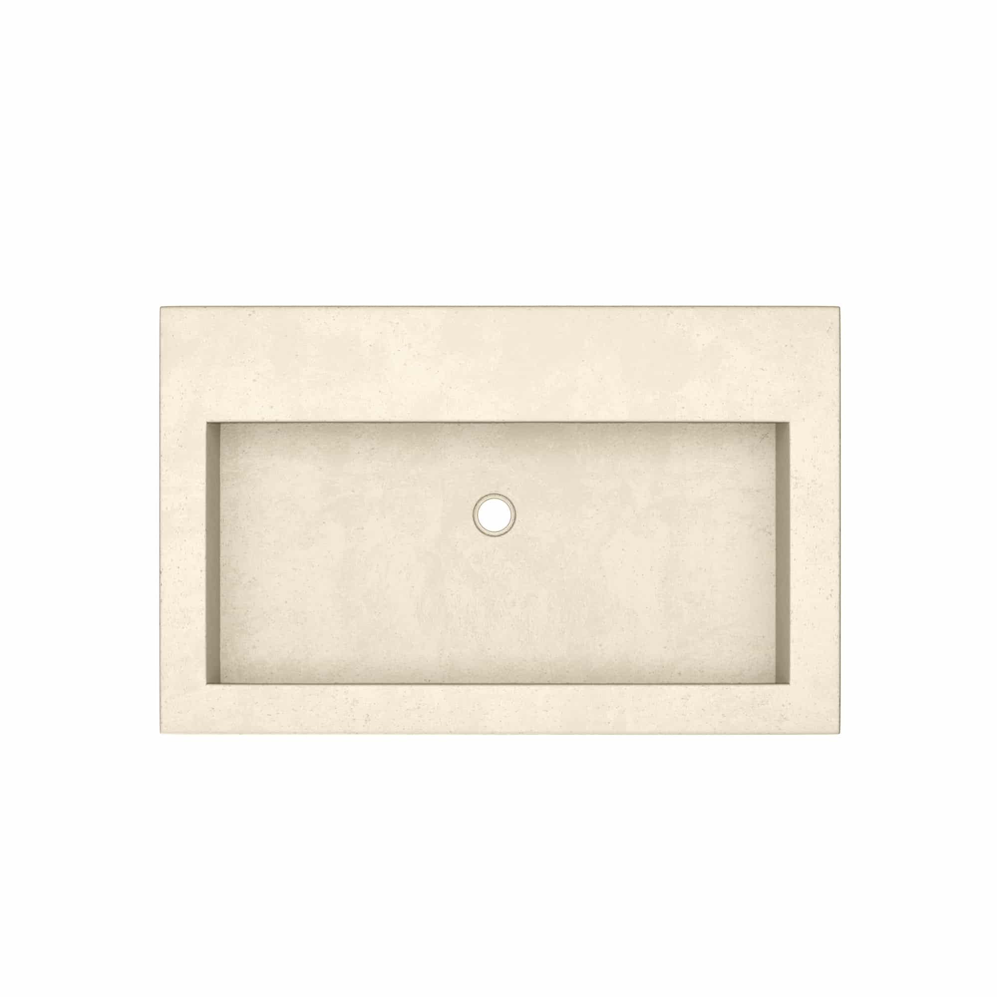 Sand-colored rectangular trough sink with single drain hole, no faucet holes.