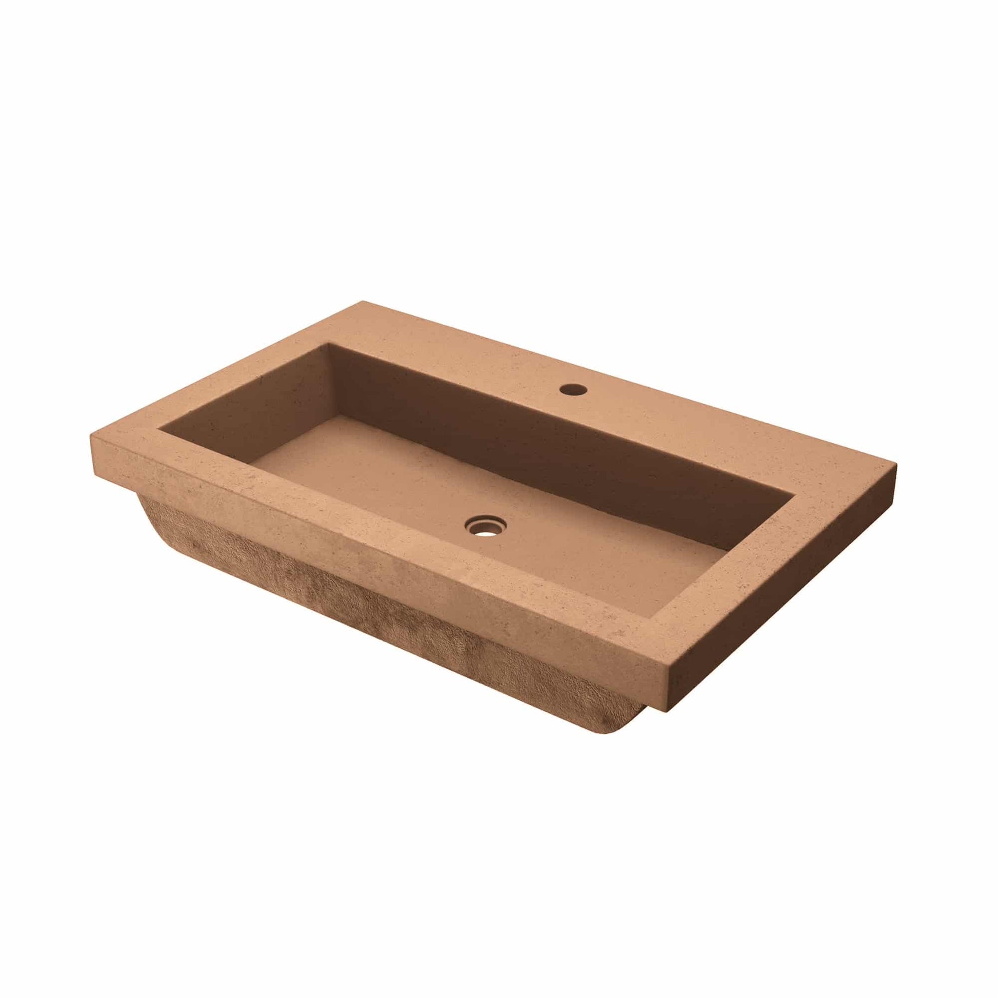 Terracotta rectangular trough sink with two faucet holes and sloped interior basin.