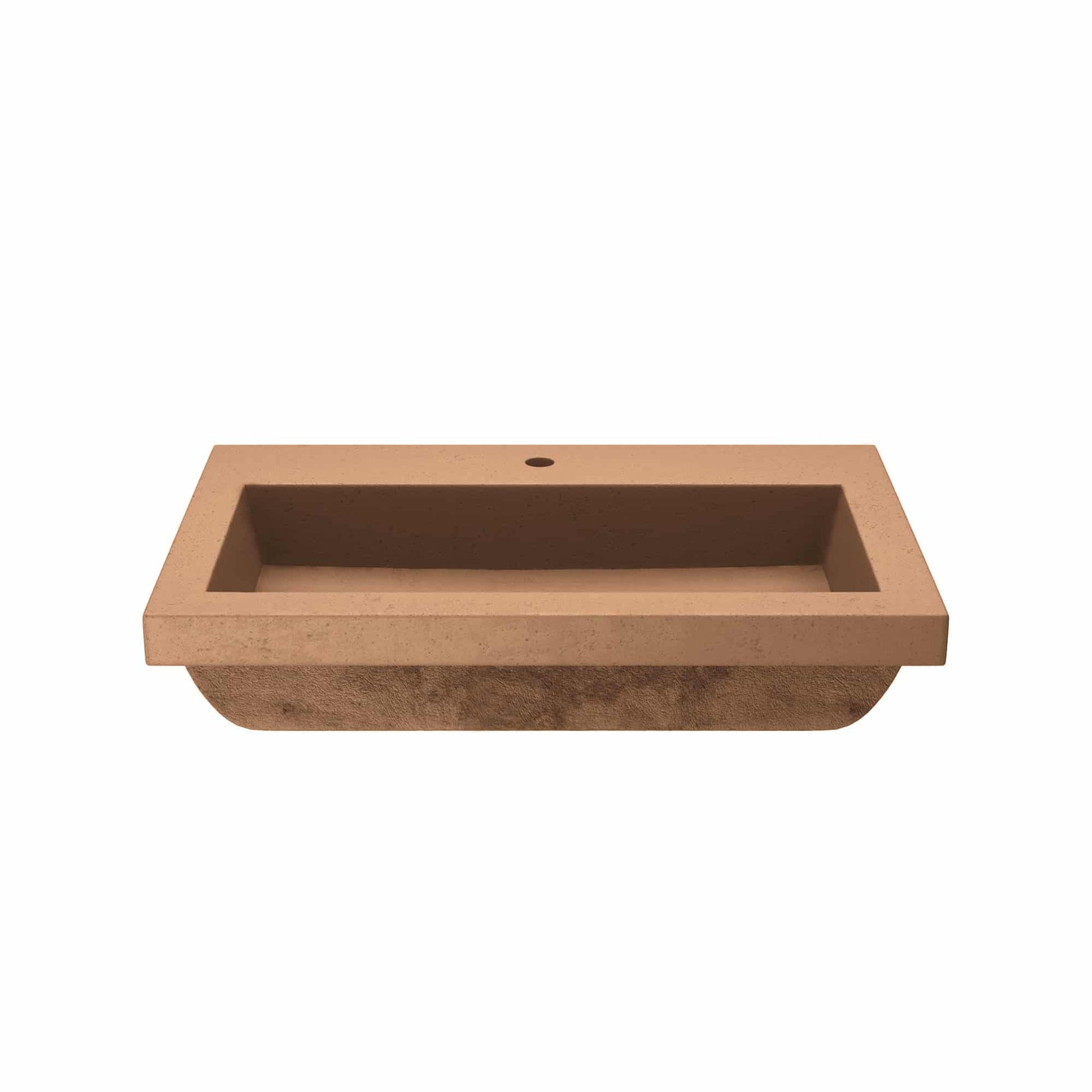 Terracotta rectangular trough sink with single basin and faucet hole, viewed from above.