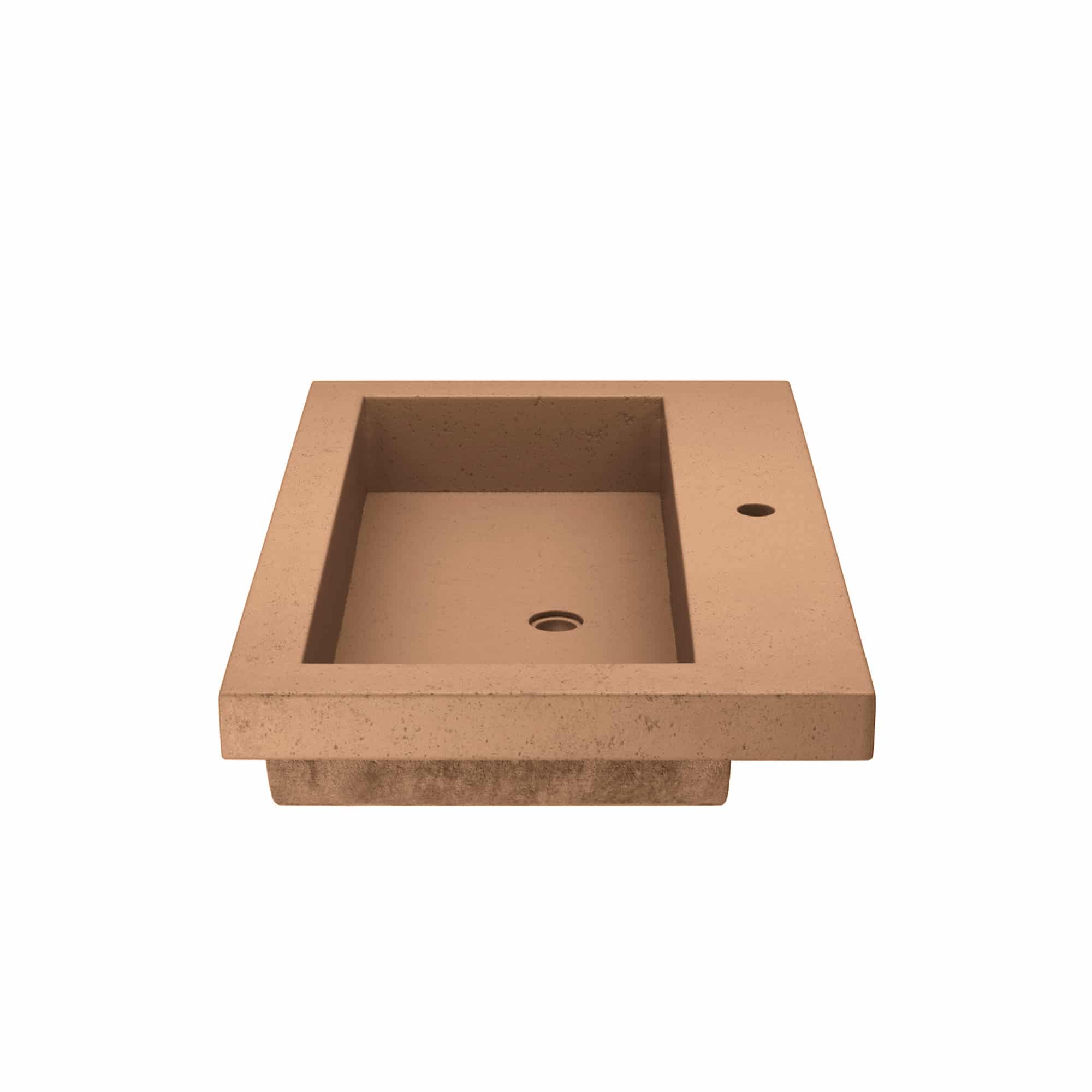 Terracotta rectangular trough sink with dual basin compartments and drainage holes.