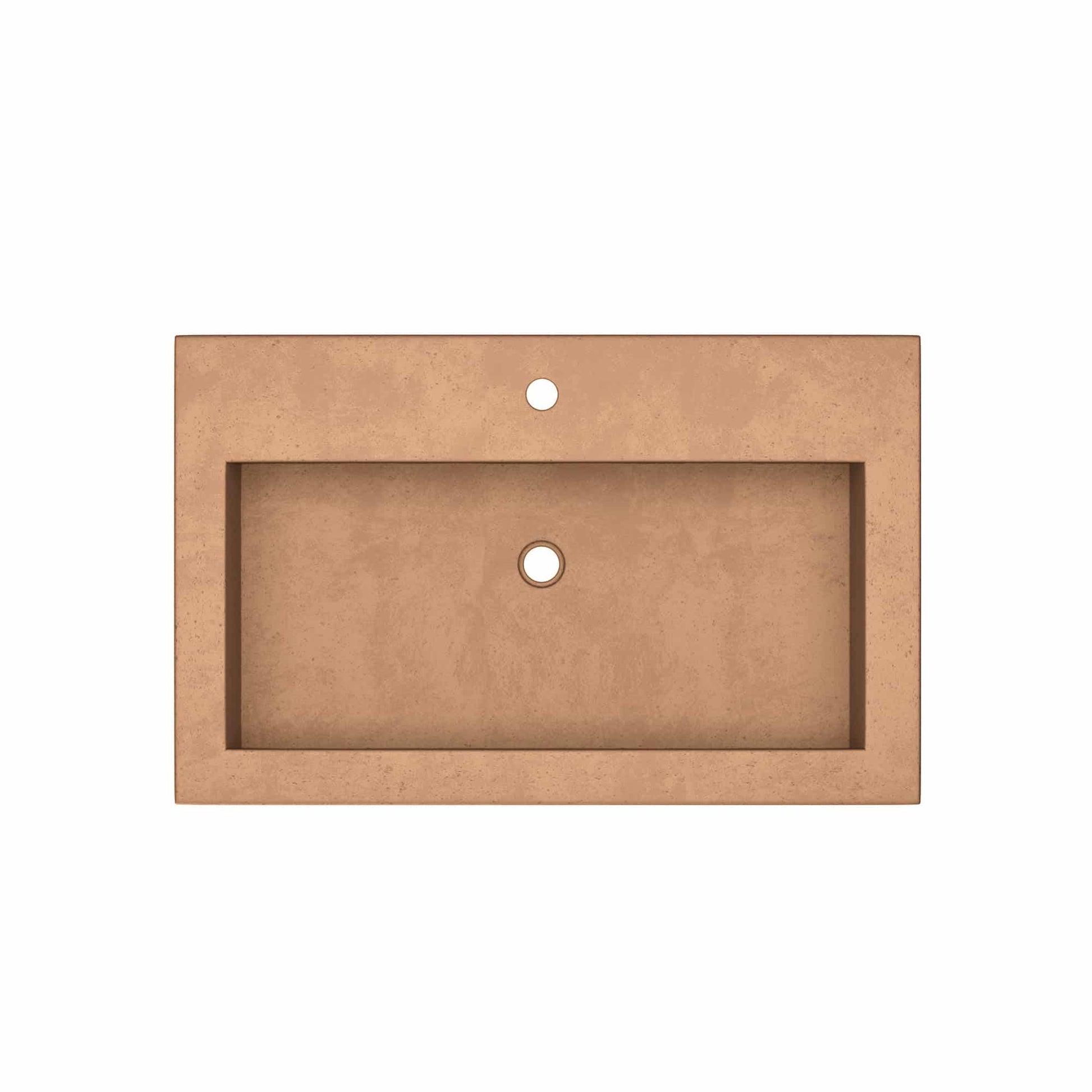 Terracotta rectangular trough sink with recessed basin and two drain holes.