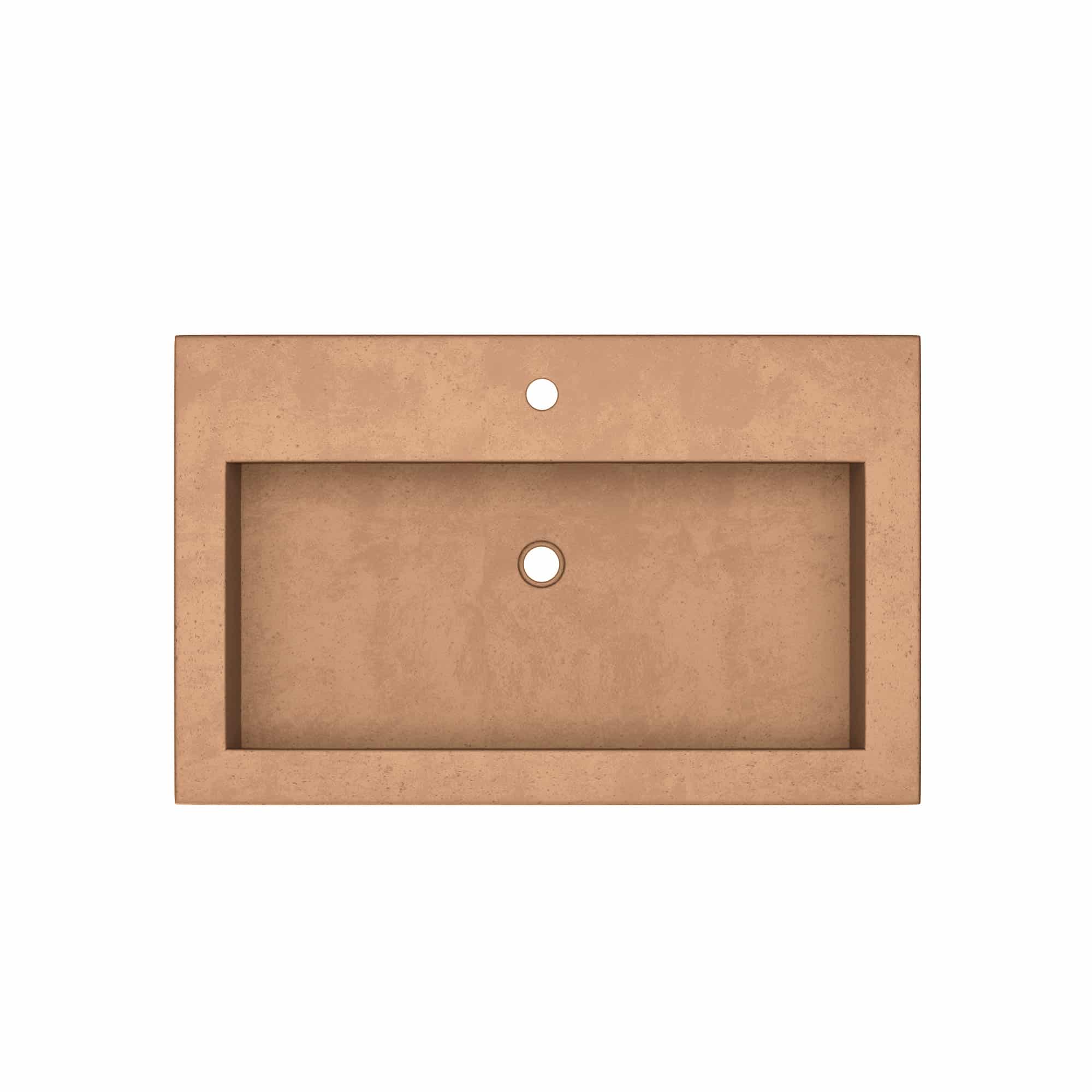 Terracotta rectangular trough sink with recessed basin and two drain holes.