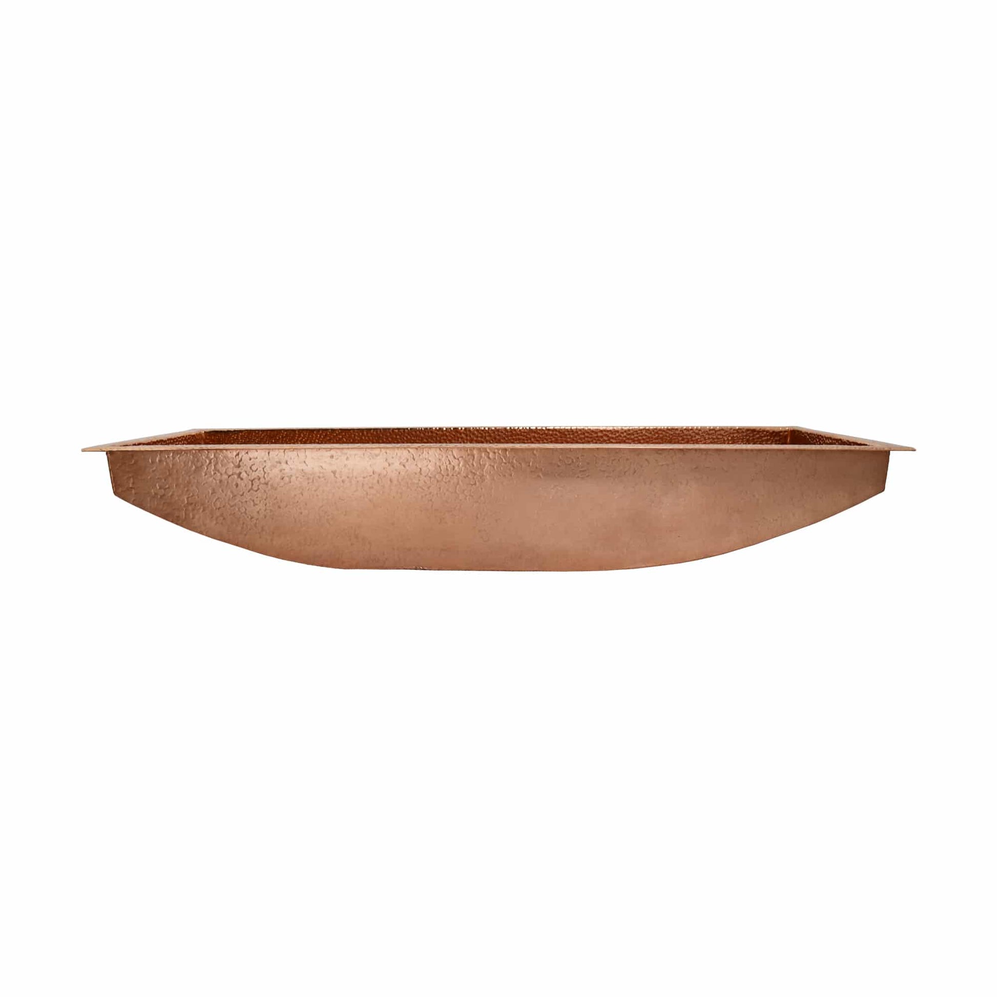 Polished copper trough sink with curved basin and sloped sides, viewed from above.
