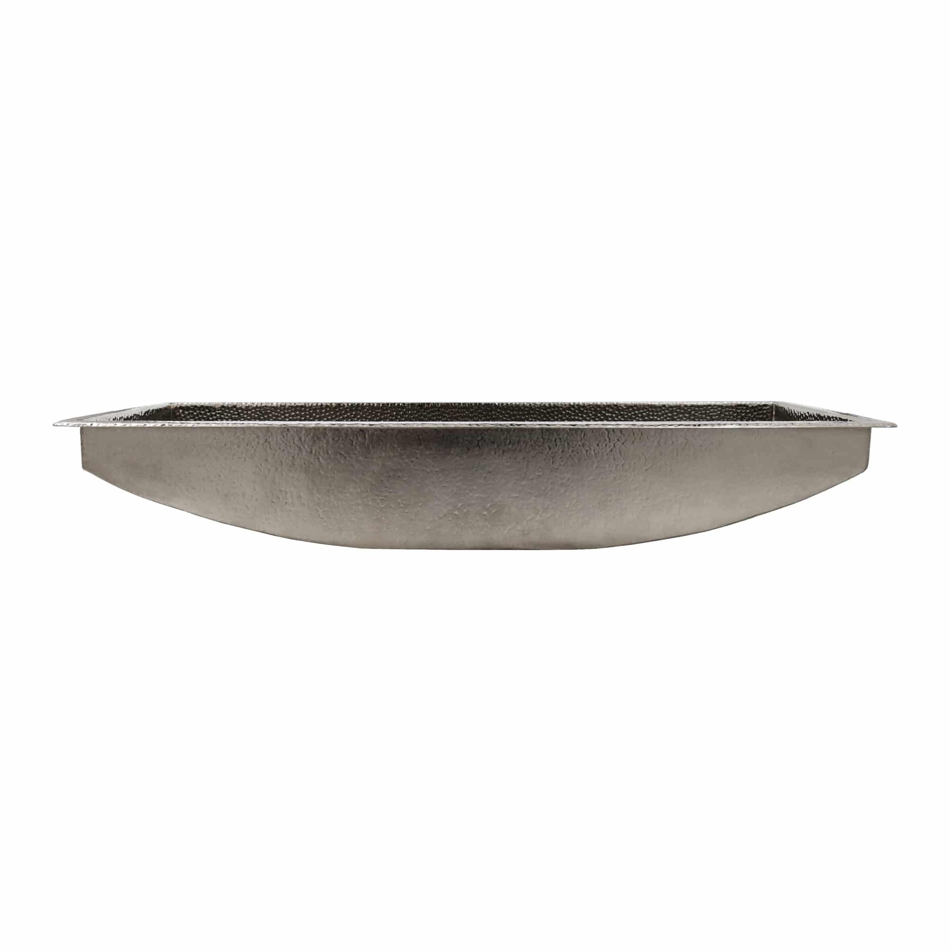Polished nickel trough sink with curved basin and flat rim edges, viewed from above.