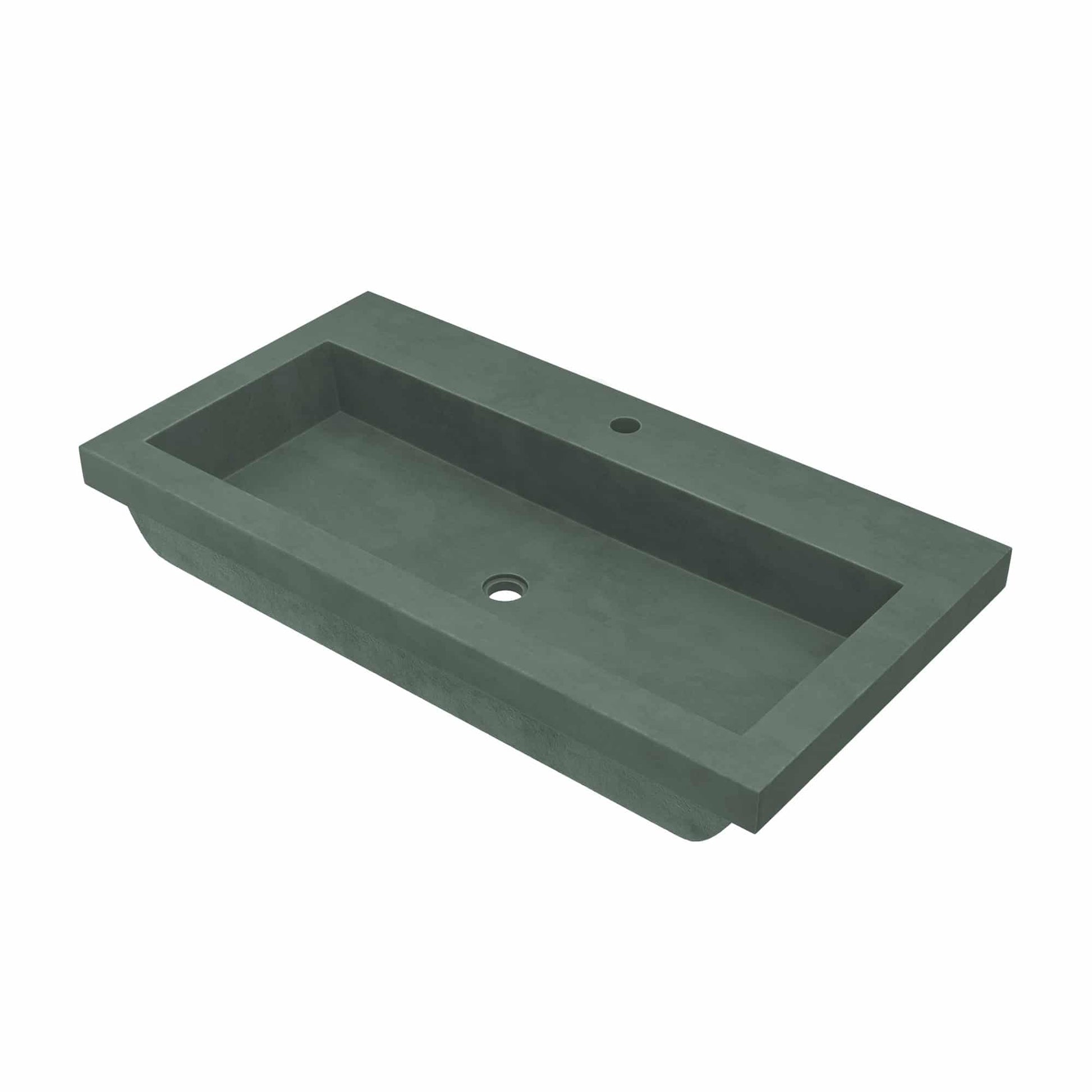 Forest green rectangular trough sink with single faucet hole and sloped interior basin.
