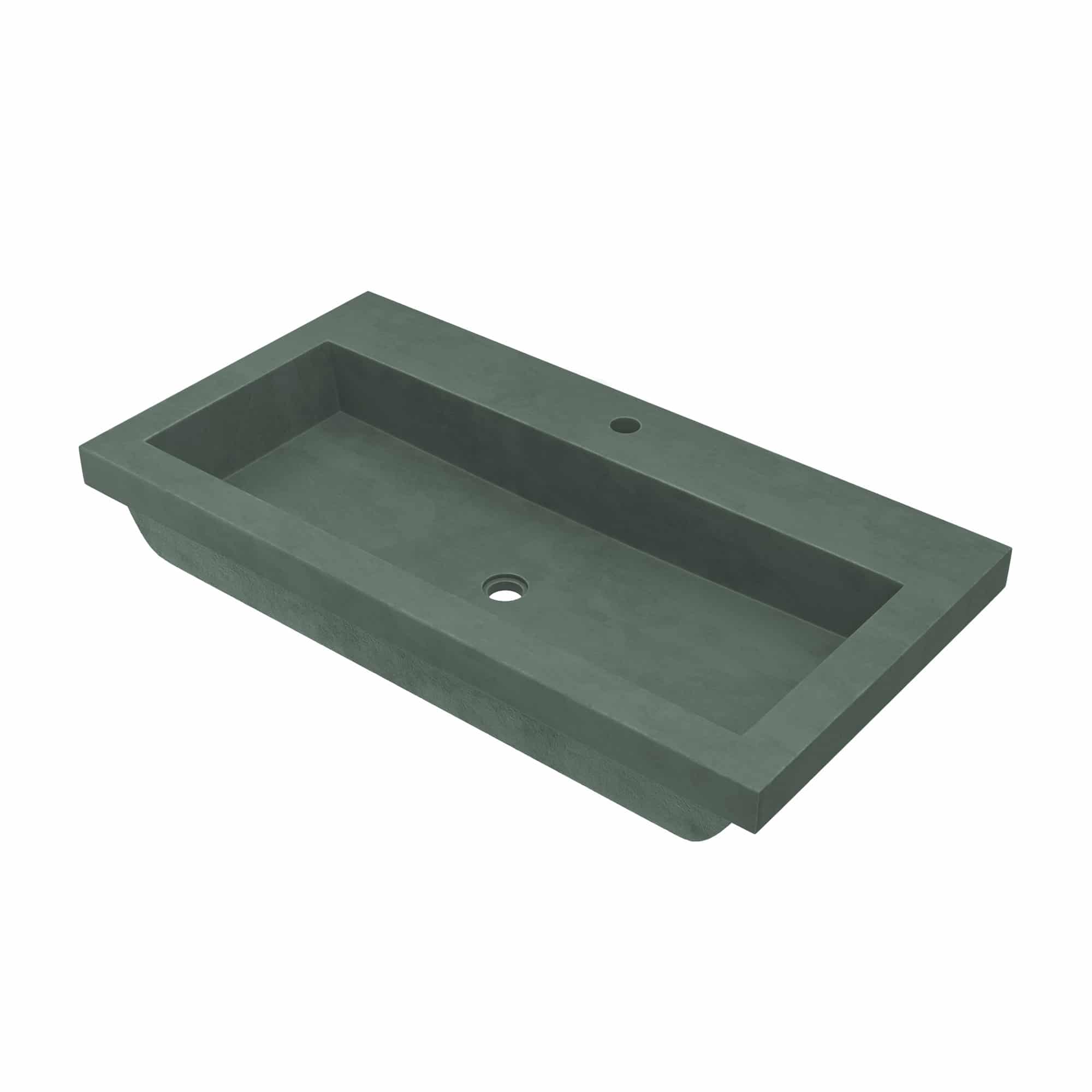 Forest green rectangular trough sink with single faucet hole and sloped interior basin.