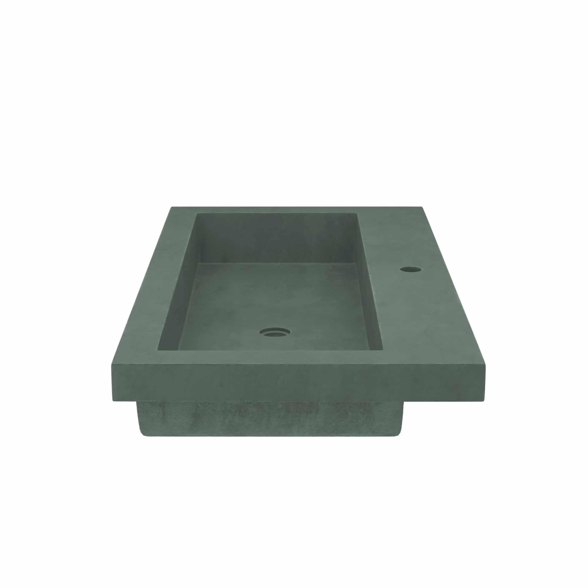 Forest green rectangular concrete trough sink with two drain holes and wide countertop rim.