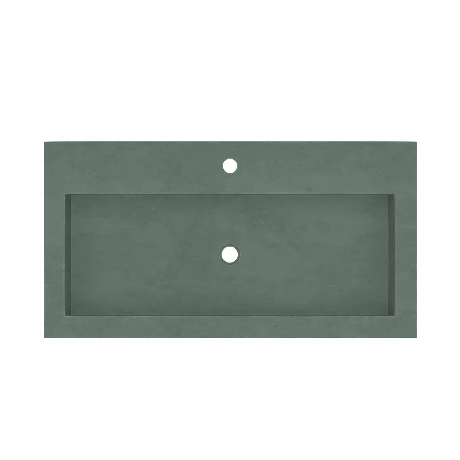 Forest green rectangular trough sink with single faucet hole and integral drain opening.