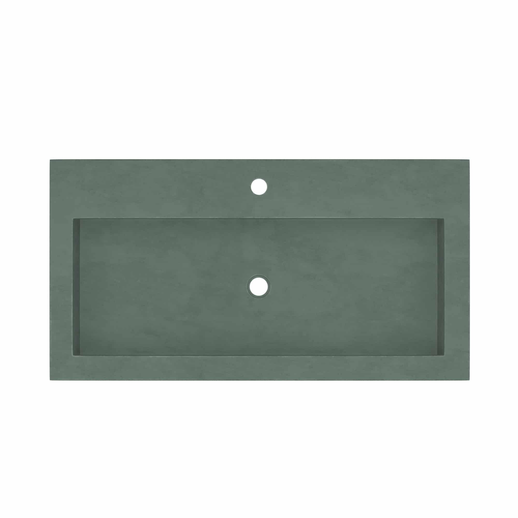 Forest green rectangular trough sink with single faucet hole and integral drain opening.