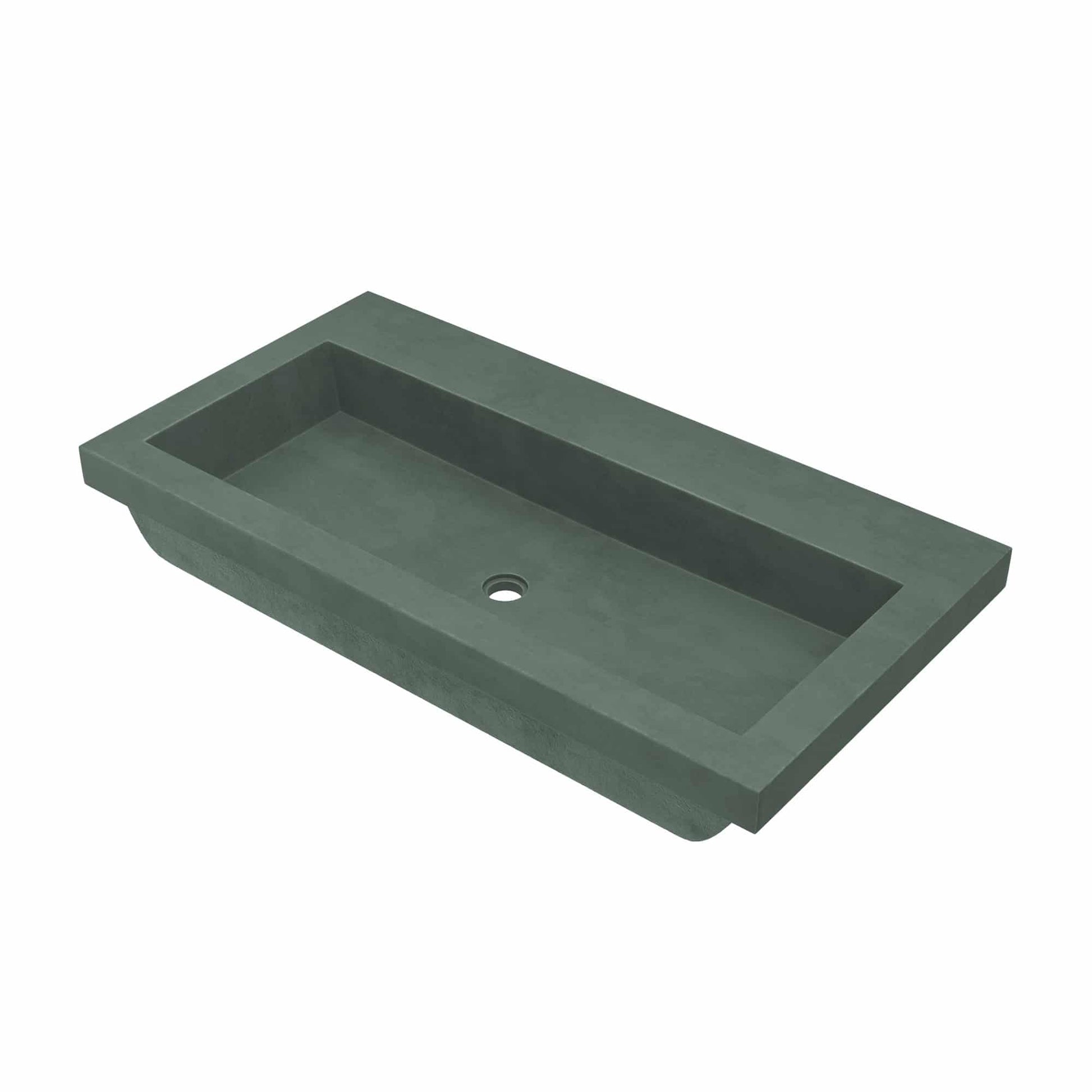 Forest green rectangular trough sink with single drain hole and no faucet holes.
