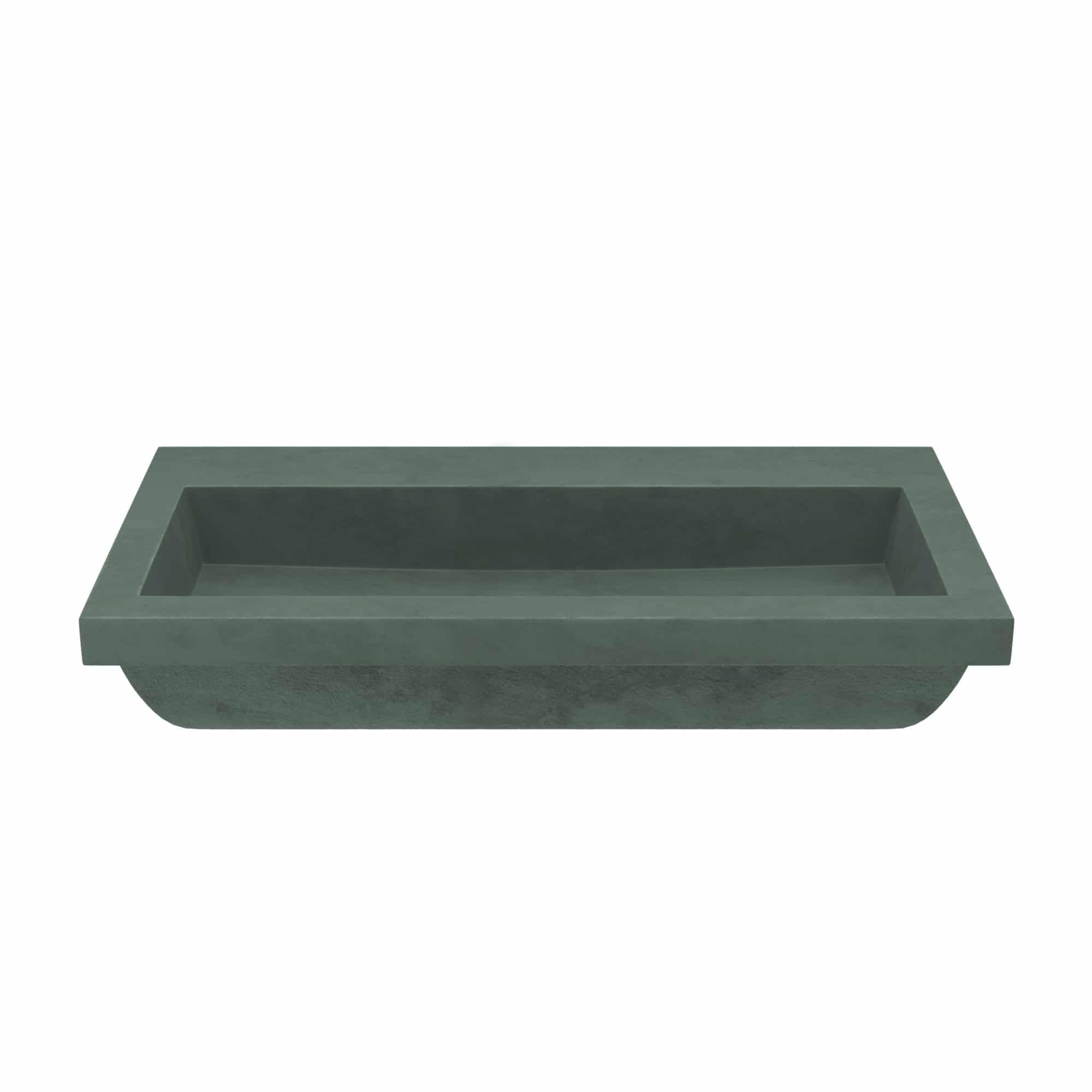 Forest green rectangular trough sink with solid surface and no faucet holes.