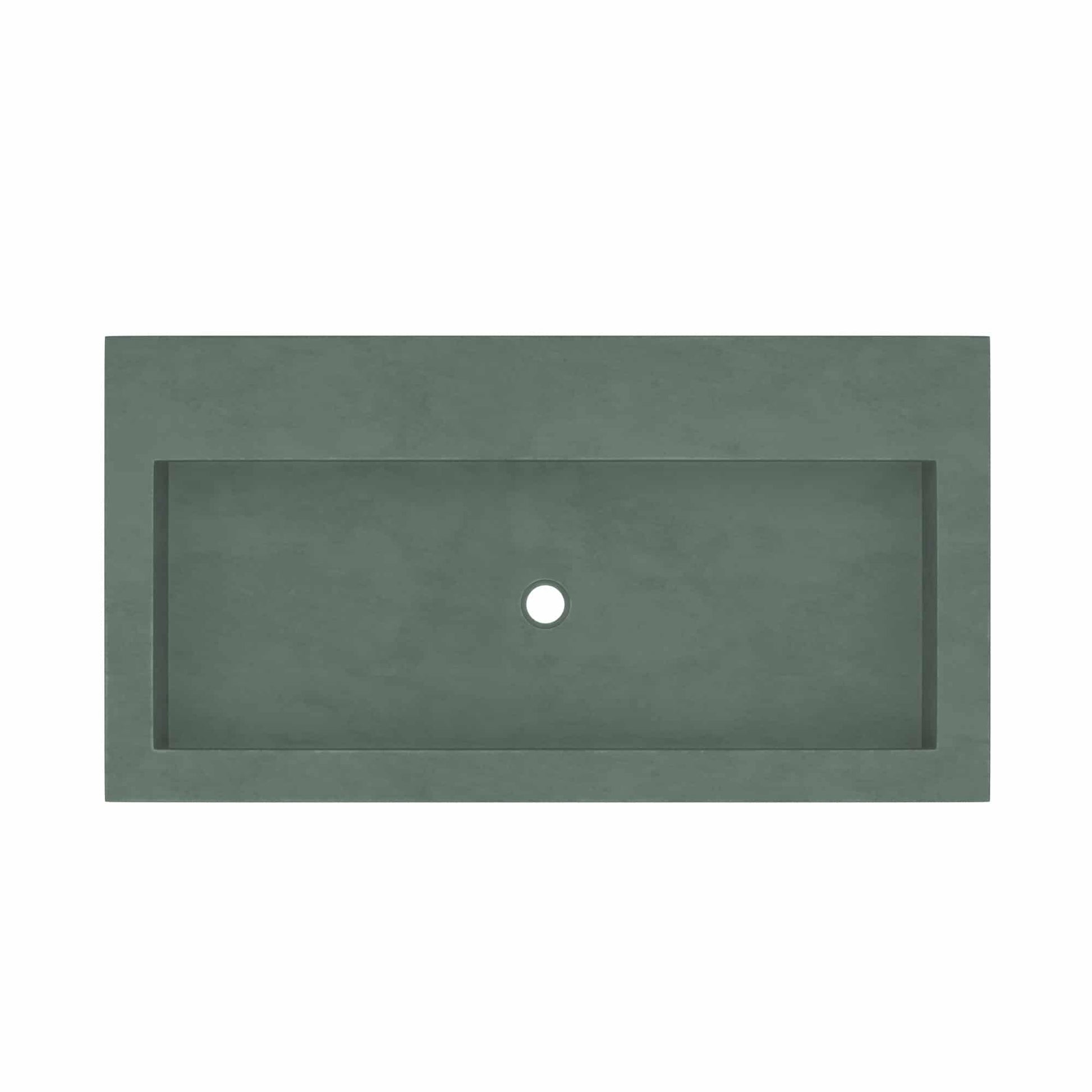 Forest green rectangular trough sink with single center drain hole and no faucet holes.