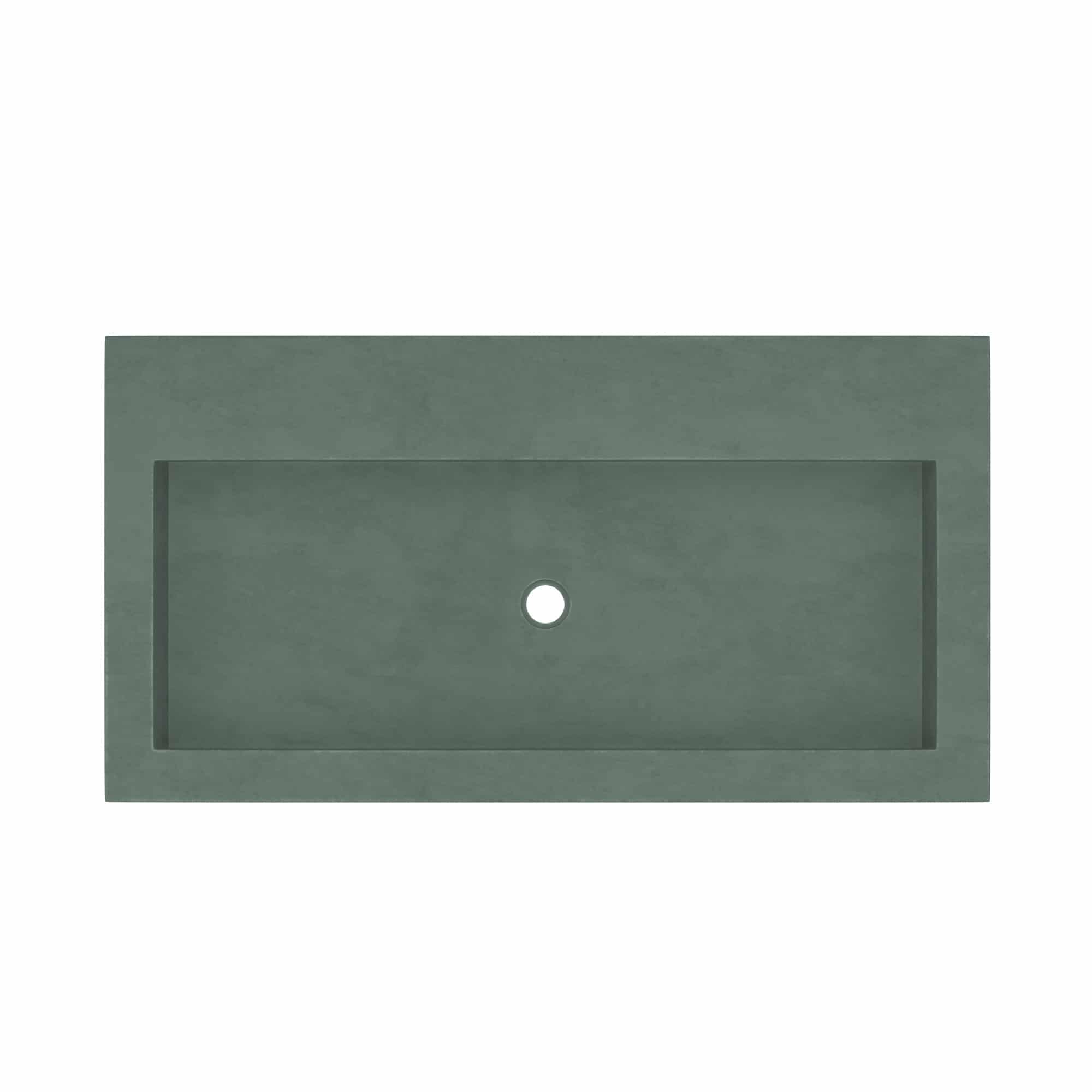 Forest green rectangular trough sink with single center drain hole and no faucet holes.