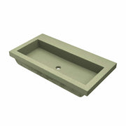 Sage green rectangular trough sink with single drain hole and no faucet holes.