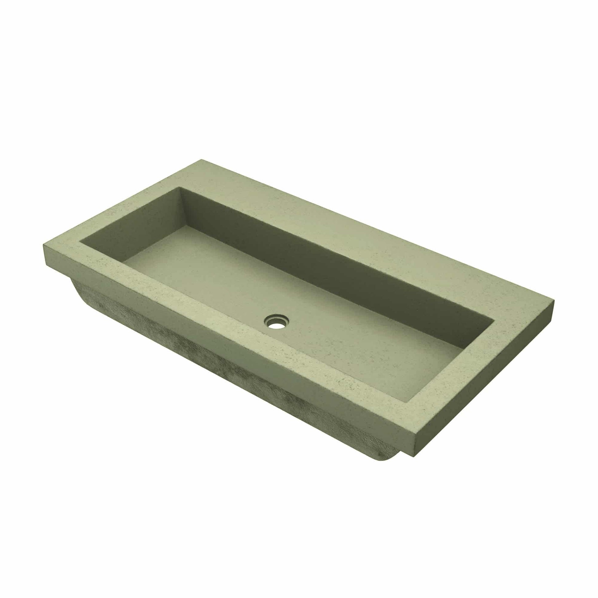 Sage green rectangular trough sink with single drain hole and no faucet holes.