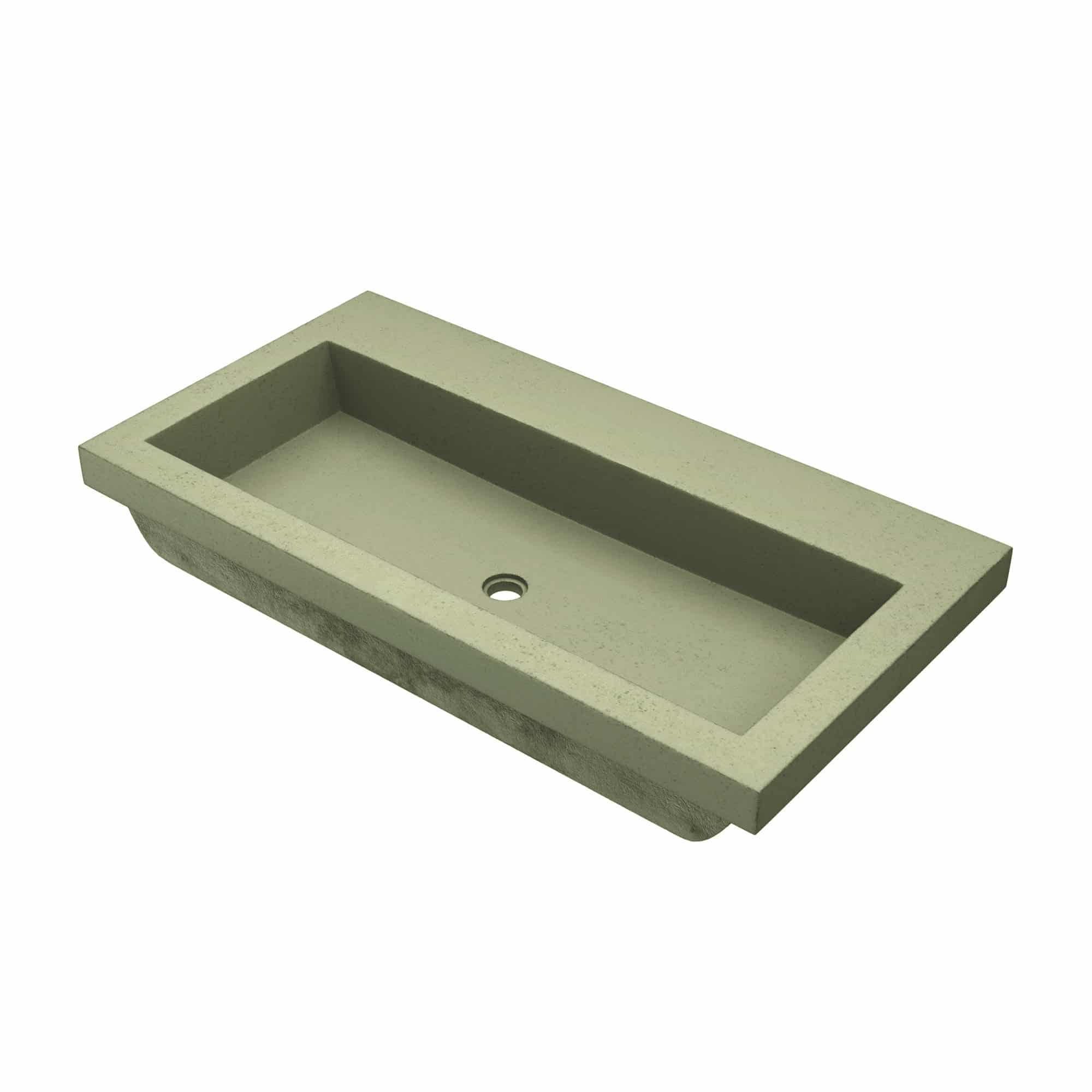 Sage green rectangular trough sink with single drain hole and no faucet holes.