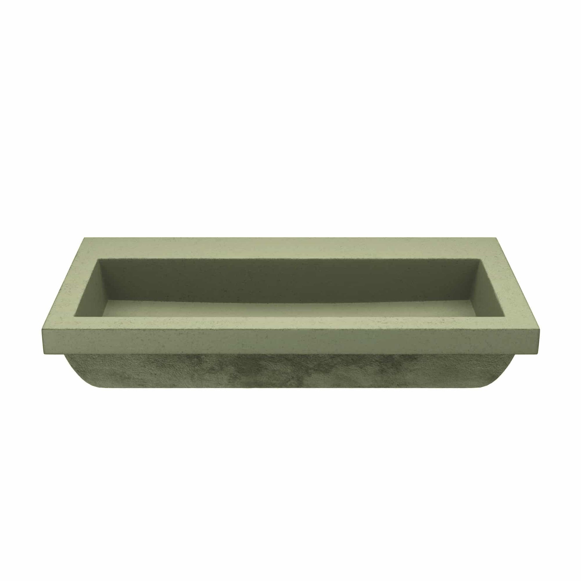 Sage-colored rectangular stone trough sink with no faucet holes and curved bottom.