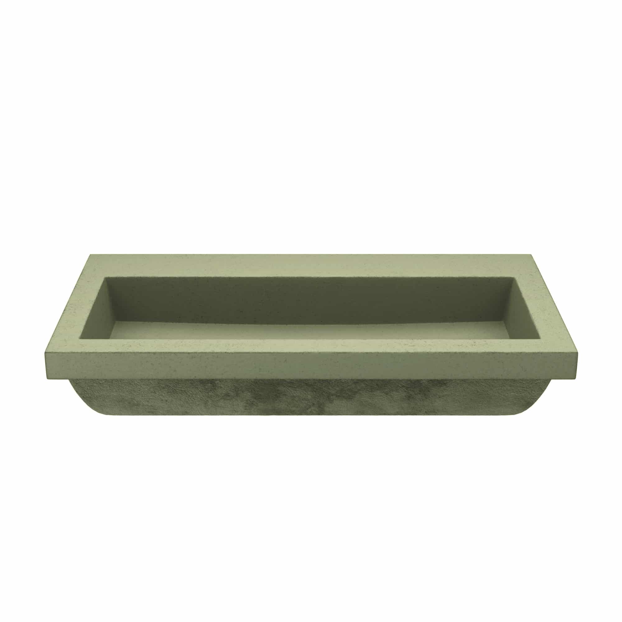 Sage-colored rectangular stone trough sink with no faucet holes and curved bottom.