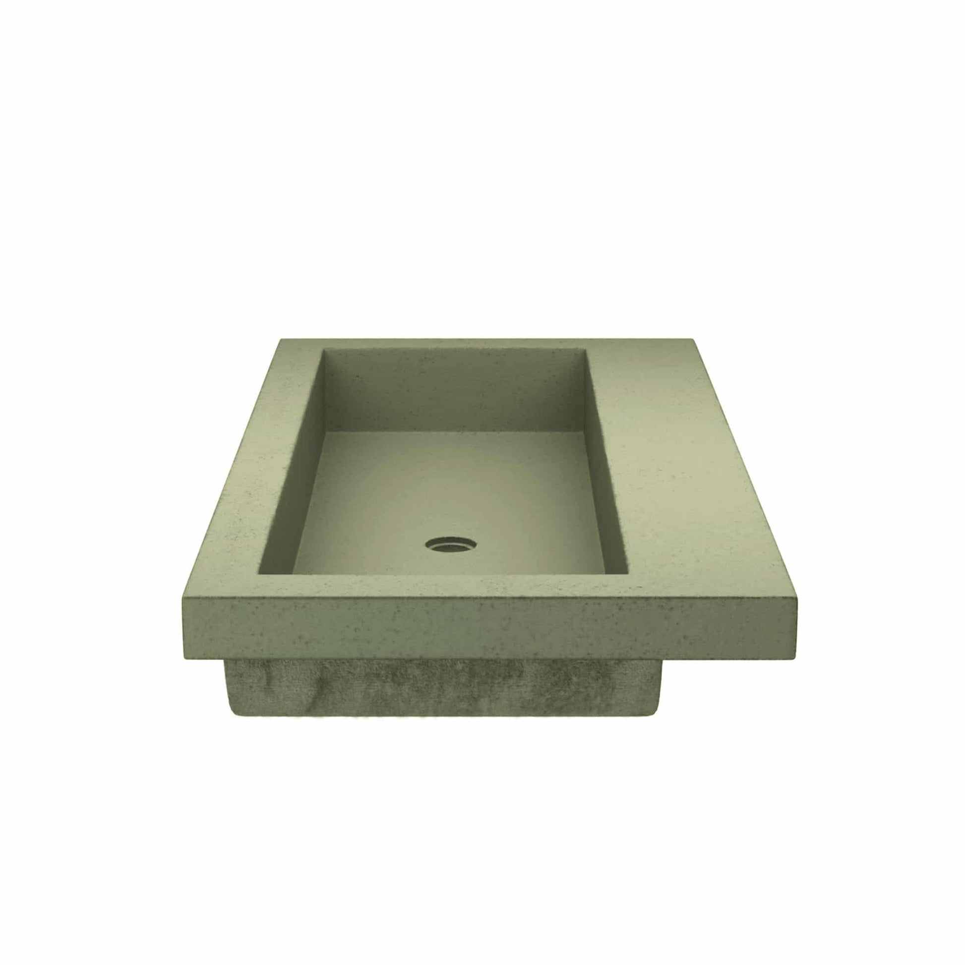Sage-colored concrete trough sink with rectangular basin and no faucet holes, shown from above.