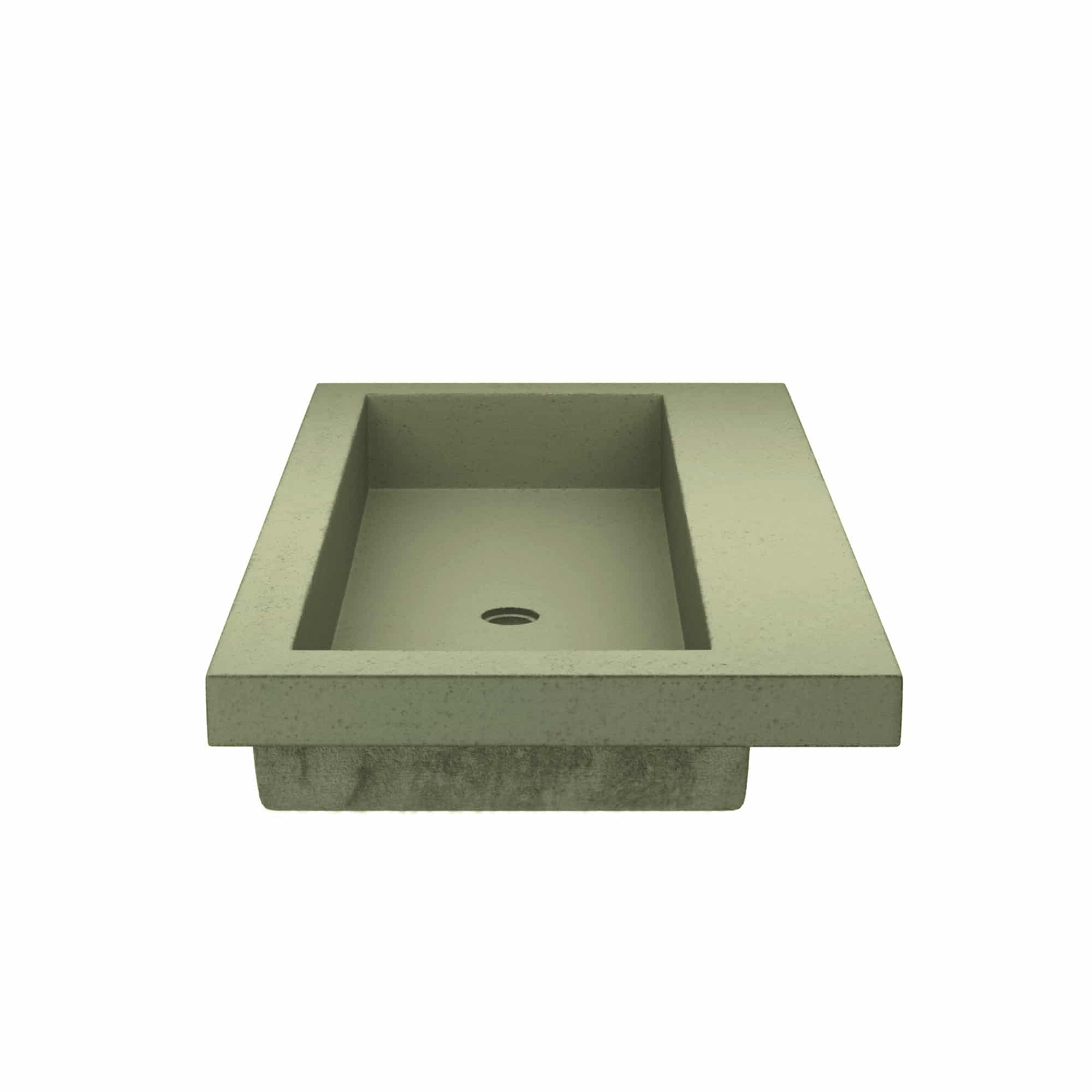 Sage-colored concrete trough sink with rectangular basin and no faucet holes, shown from above.