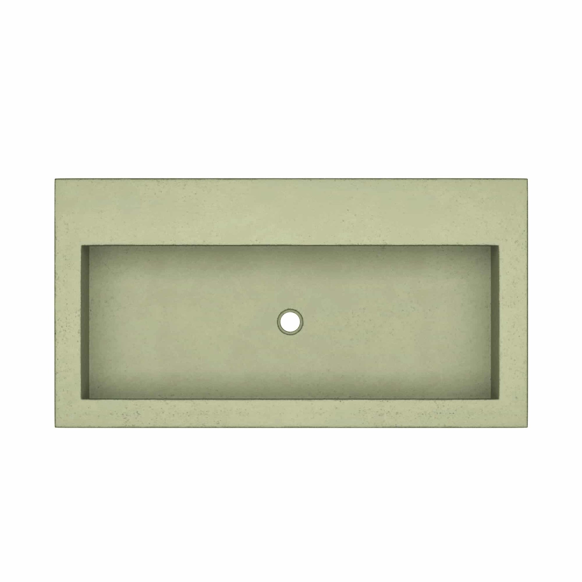 Sage-colored rectangular trough sink with single drain hole and no faucet holes.