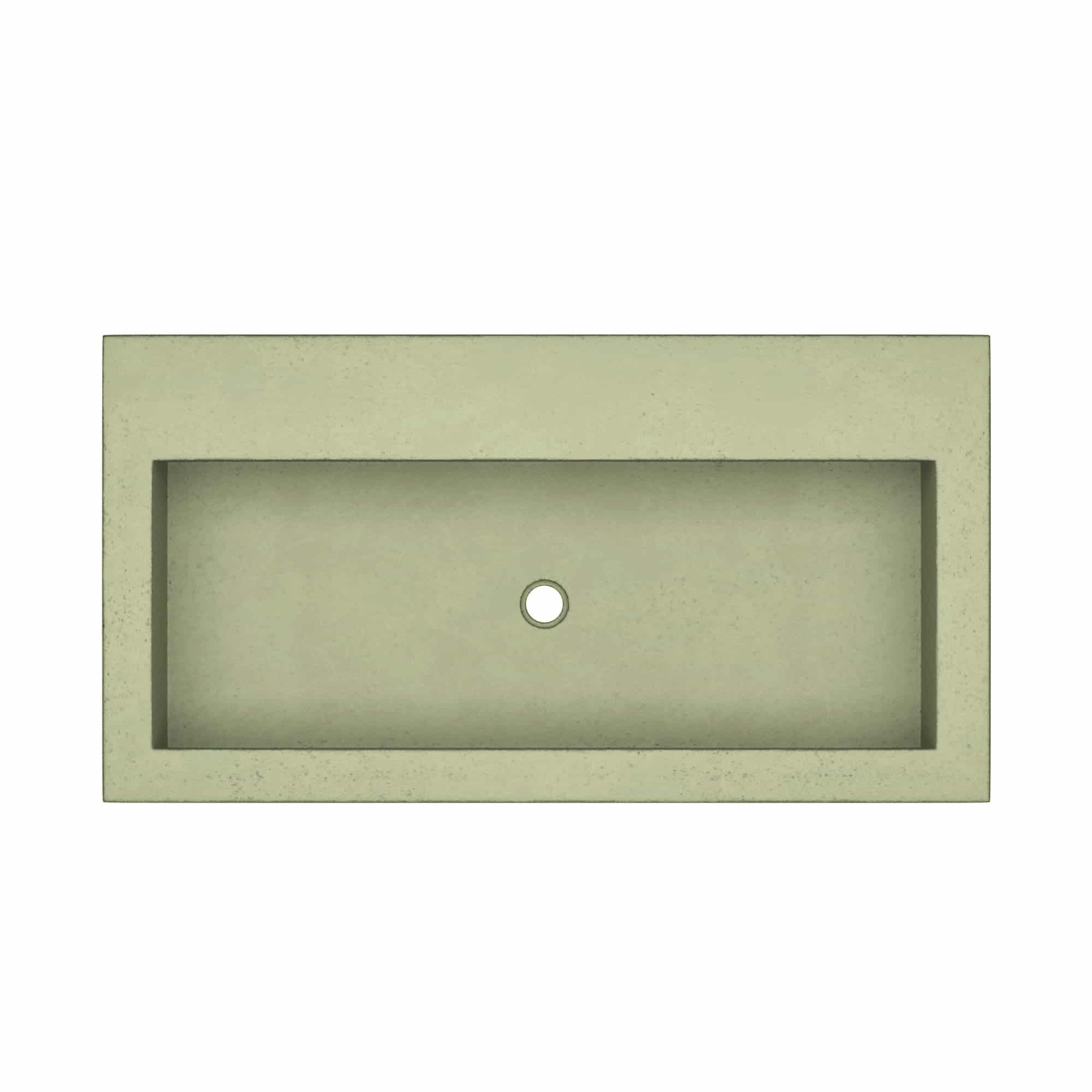 Sage-colored rectangular trough sink with single drain hole and no faucet holes.