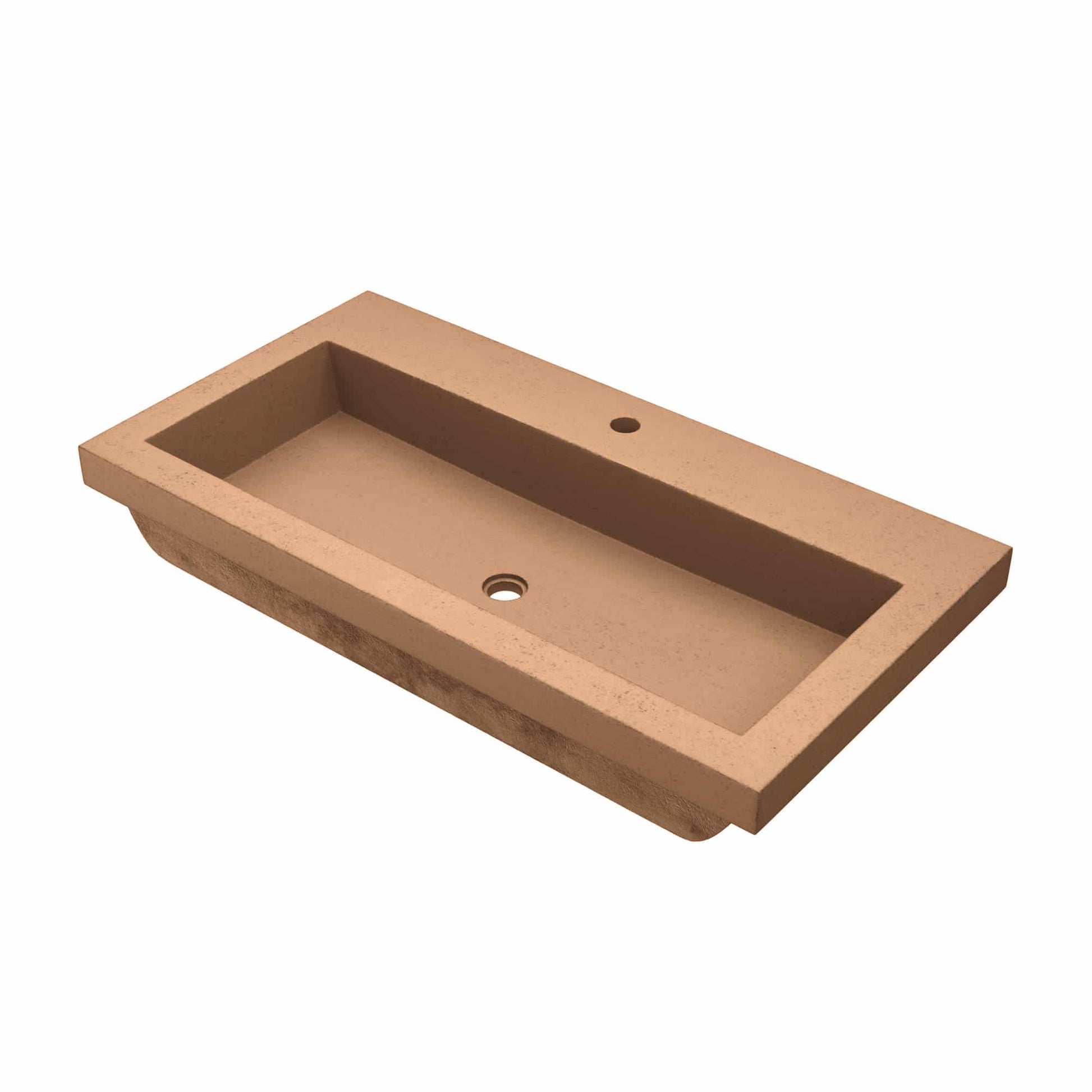 Terracotta rectangular trough sink with single basin and two faucet holes.