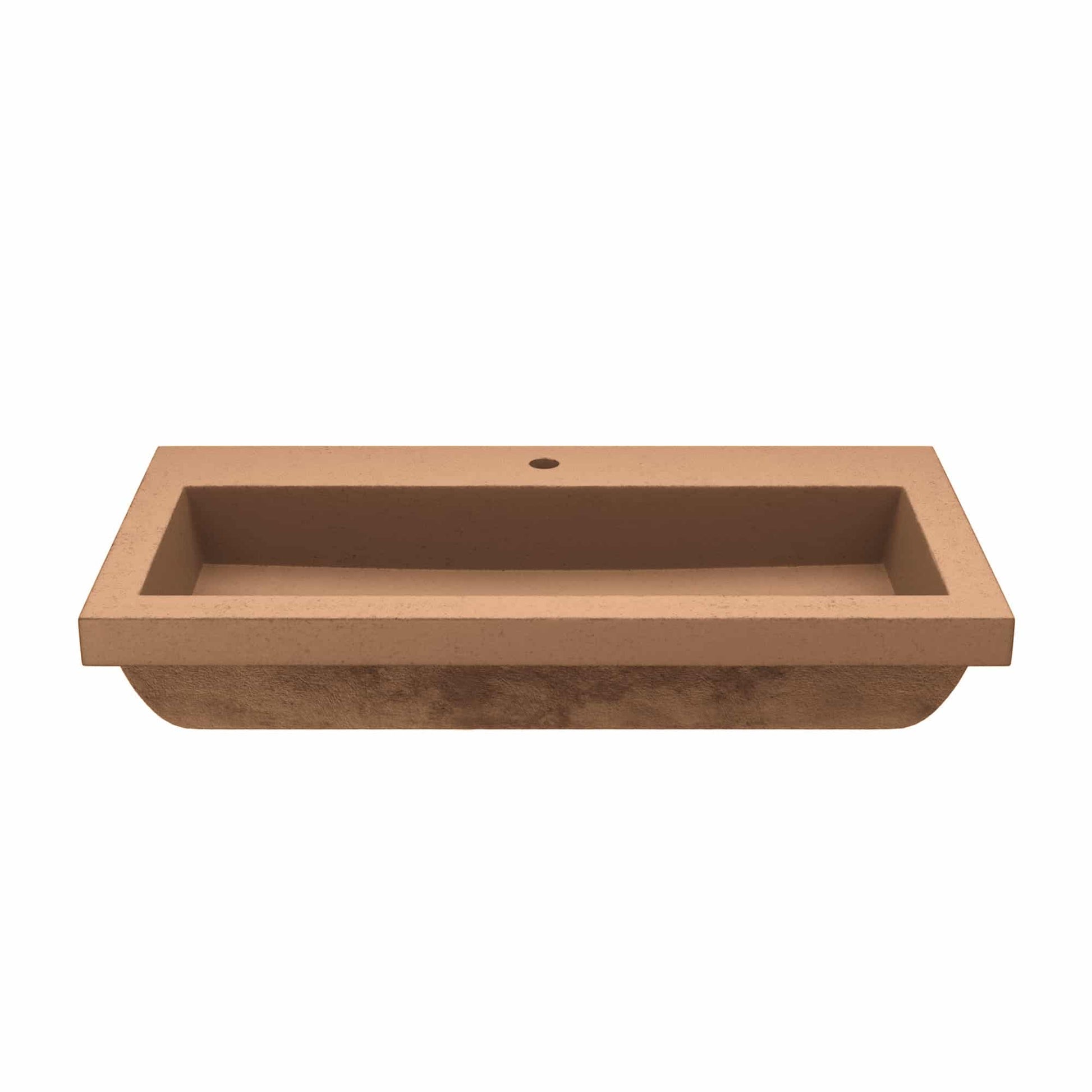 Terracotta rectangular trough sink with single faucet hole and curved basin interior.