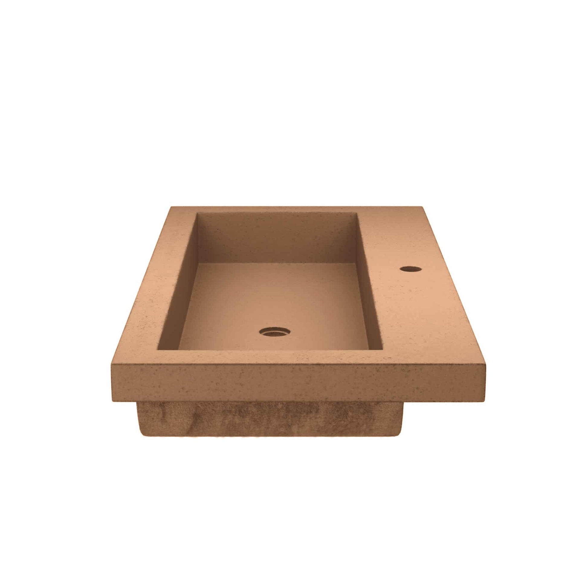 Terracotta rectangular trough sink with single basin and two drain holes on the rim.