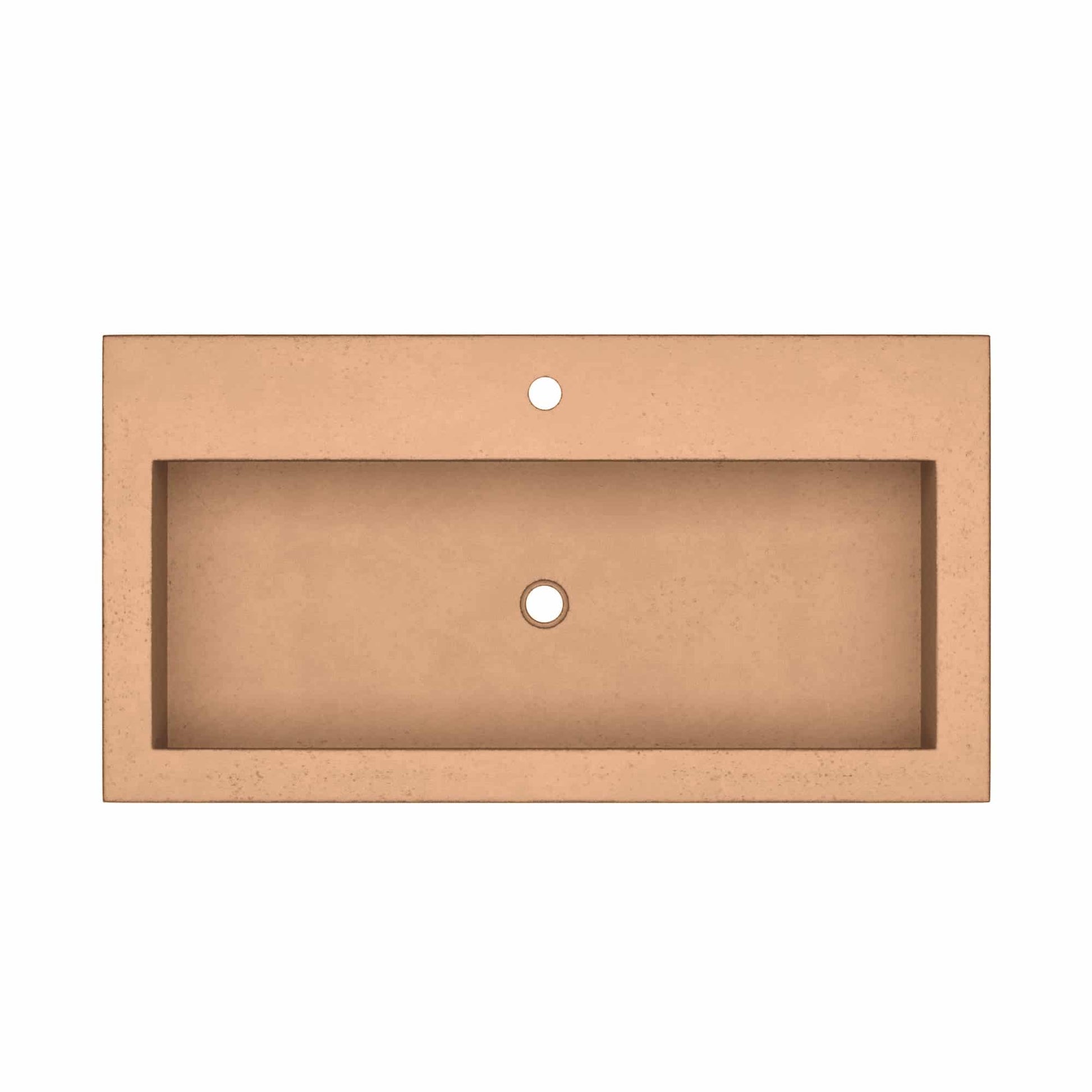 Terracotta rectangular trough sink with single faucet hole, viewed from above.