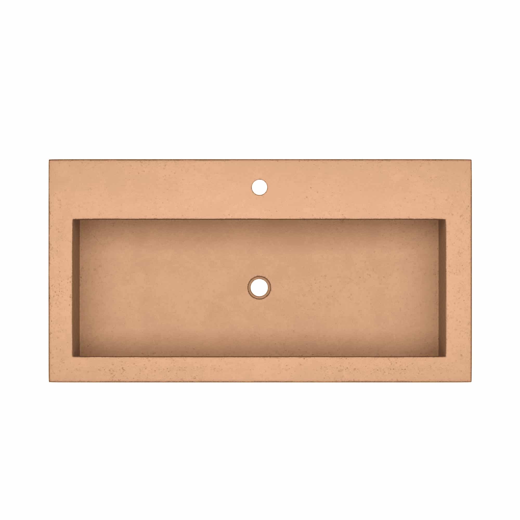 Terracotta rectangular trough sink with single faucet hole, viewed from above.