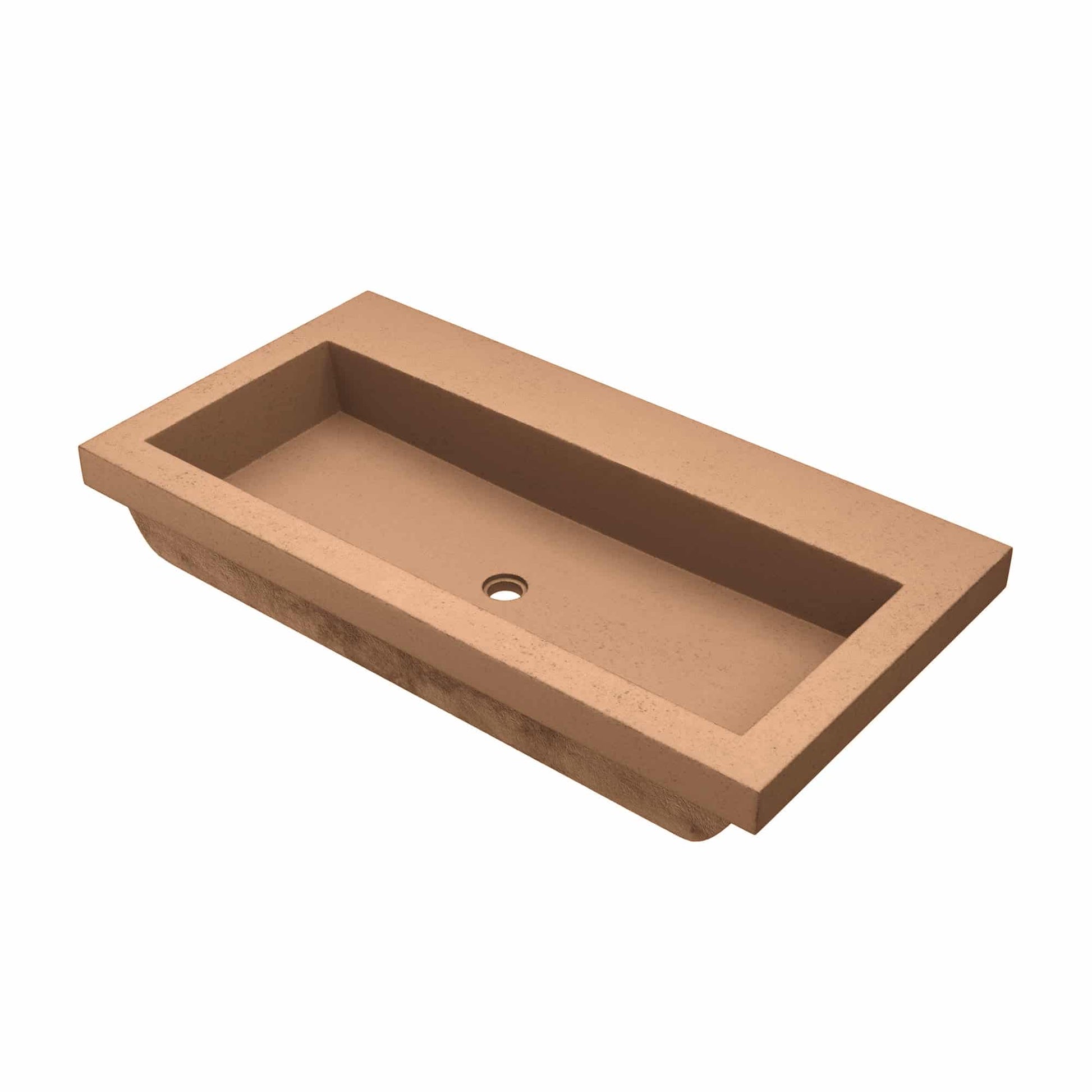 Terracotta rectangular trough sink with single center drain hole and no faucet holes.