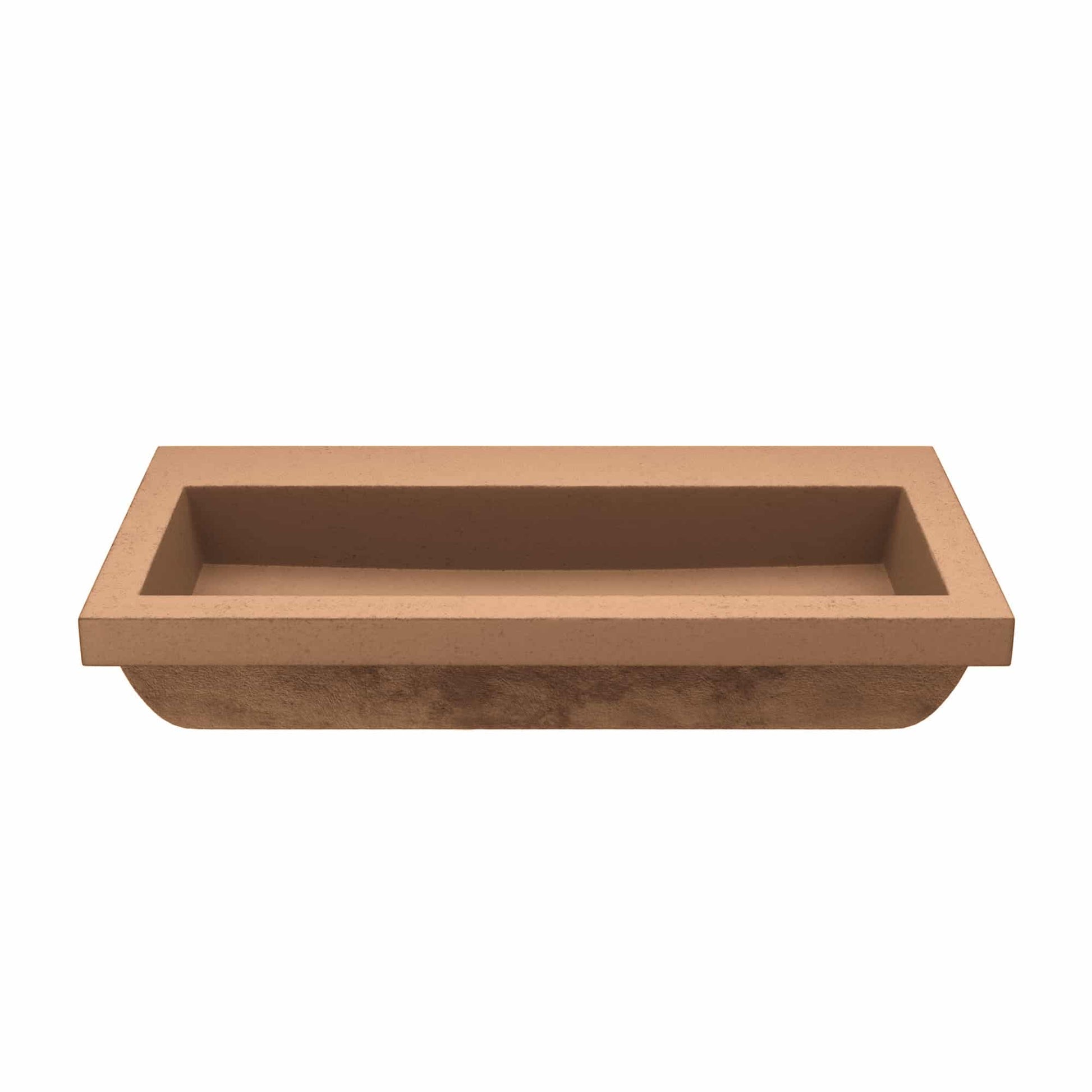 Terracotta trough sink with rectangular basin and sloped exterior, no faucet holes.