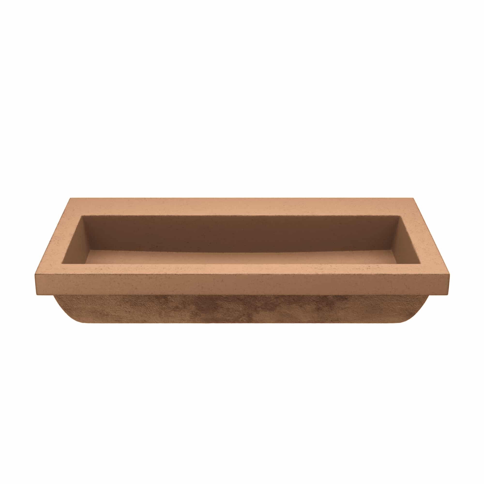 Terracotta trough sink with rectangular basin and sloped exterior, no faucet holes.