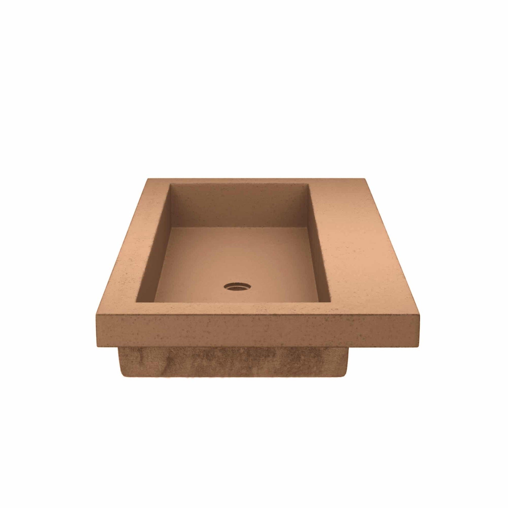 Terracotta trough sink with rectangular basin and drain hole, no faucet holes.