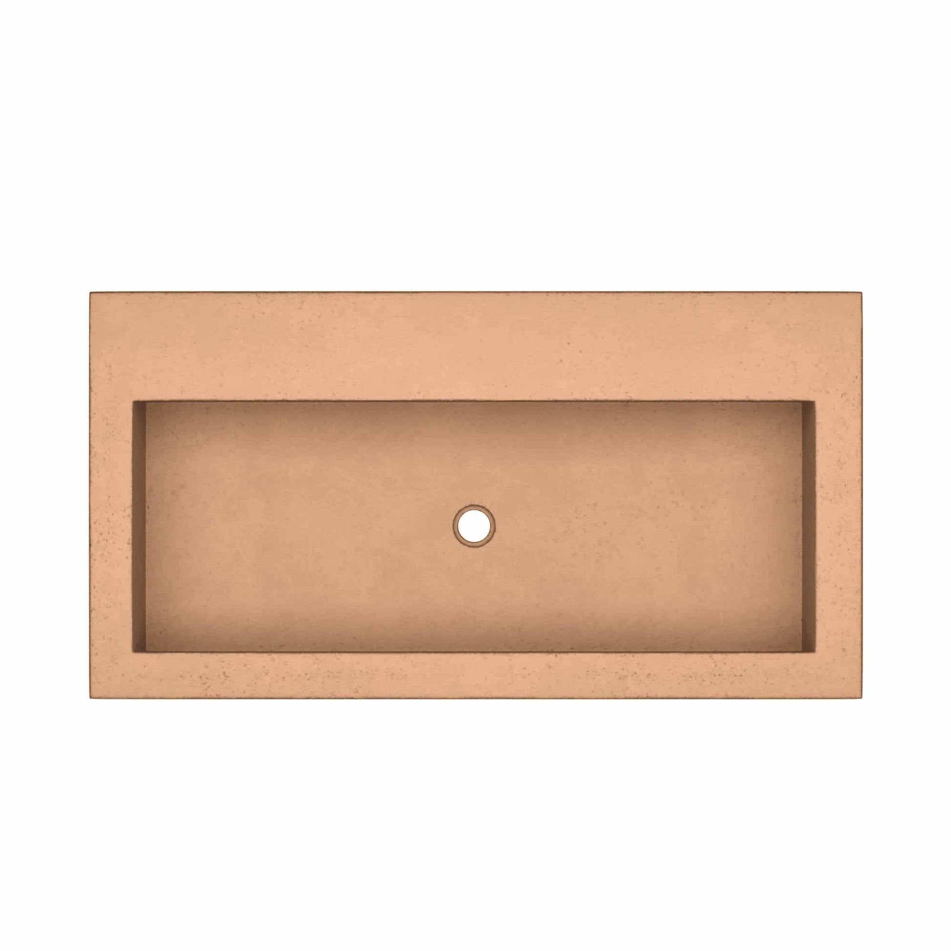 Terracotta trough sink with rectangular basin and single drain hole, viewed from above.