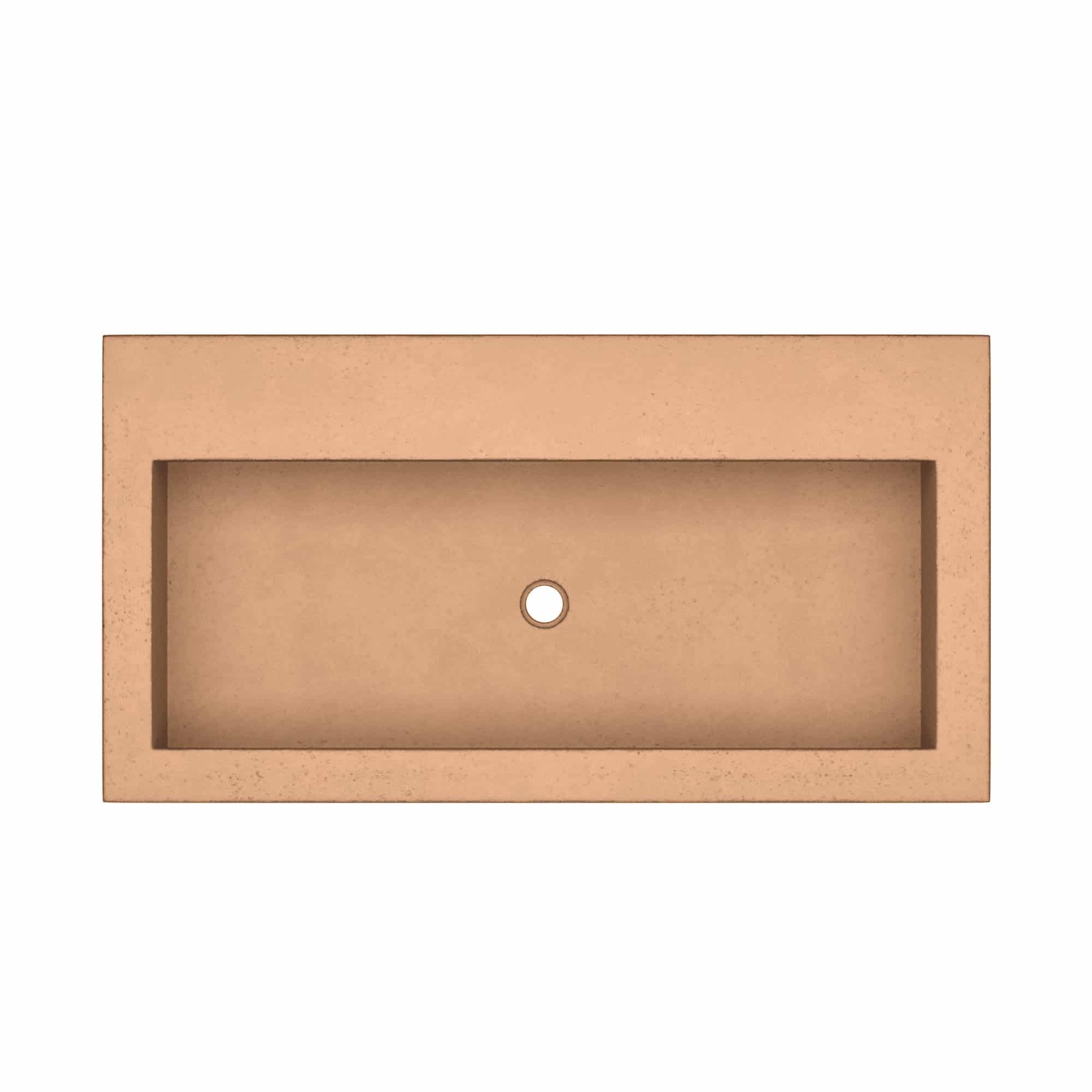 Terracotta trough sink with rectangular basin and single drain hole, viewed from above.