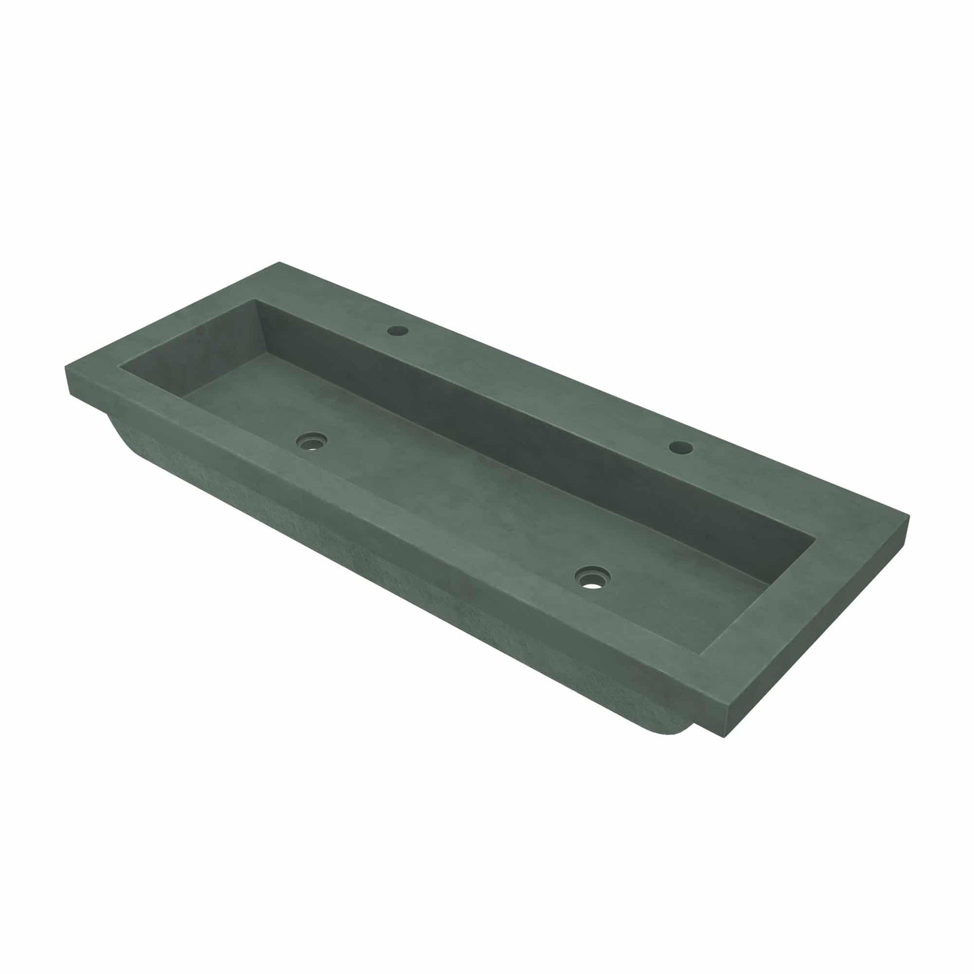 Forest green concrete trough sink with two faucet holes and integral drain openings.