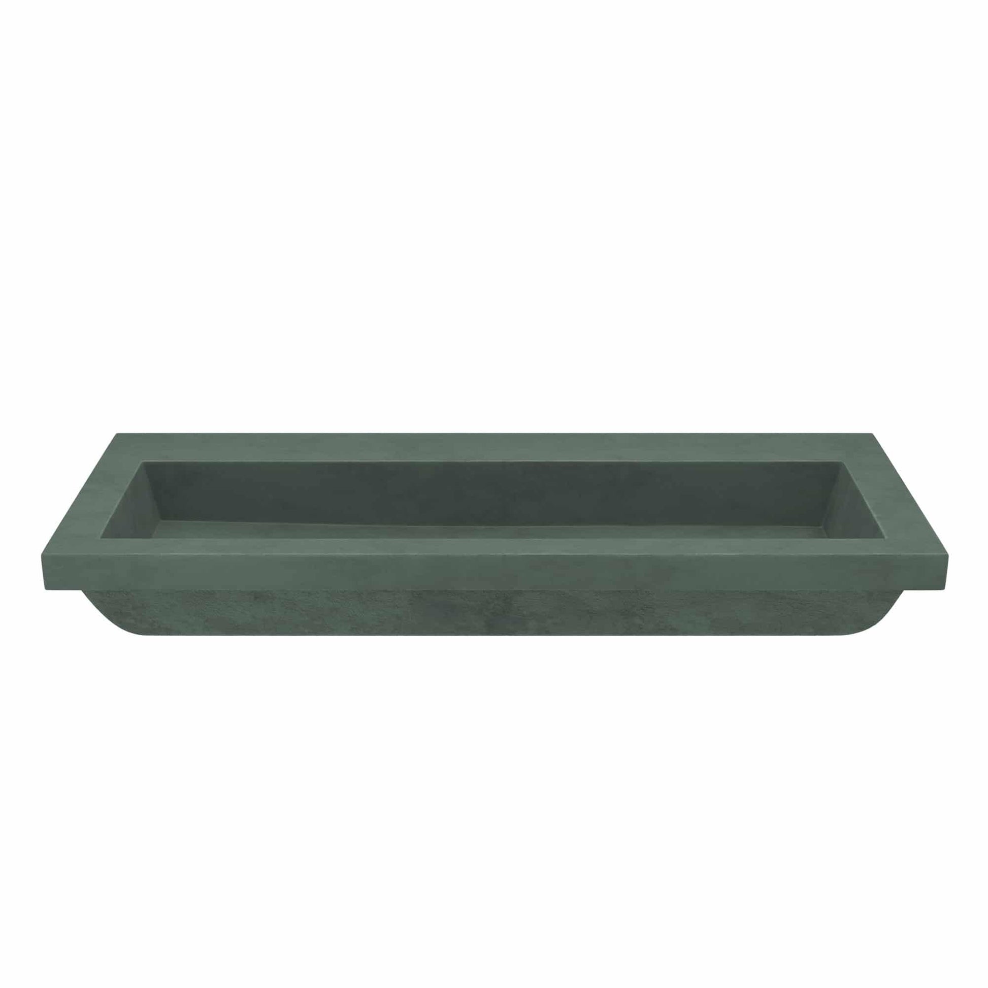 Forest green rectangular trough sink with no faucet holes.