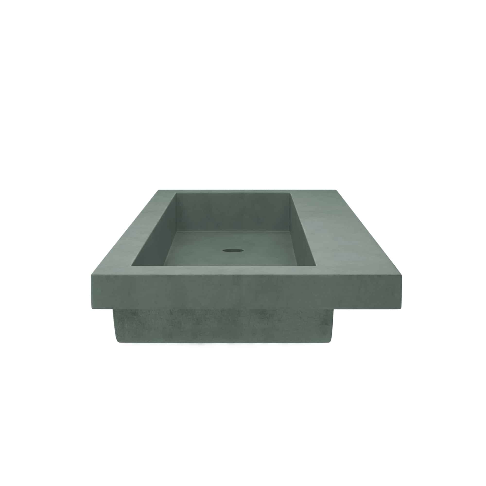 Rectangular concrete trough sink in forest green with single drain hole and no faucet mounting holes.