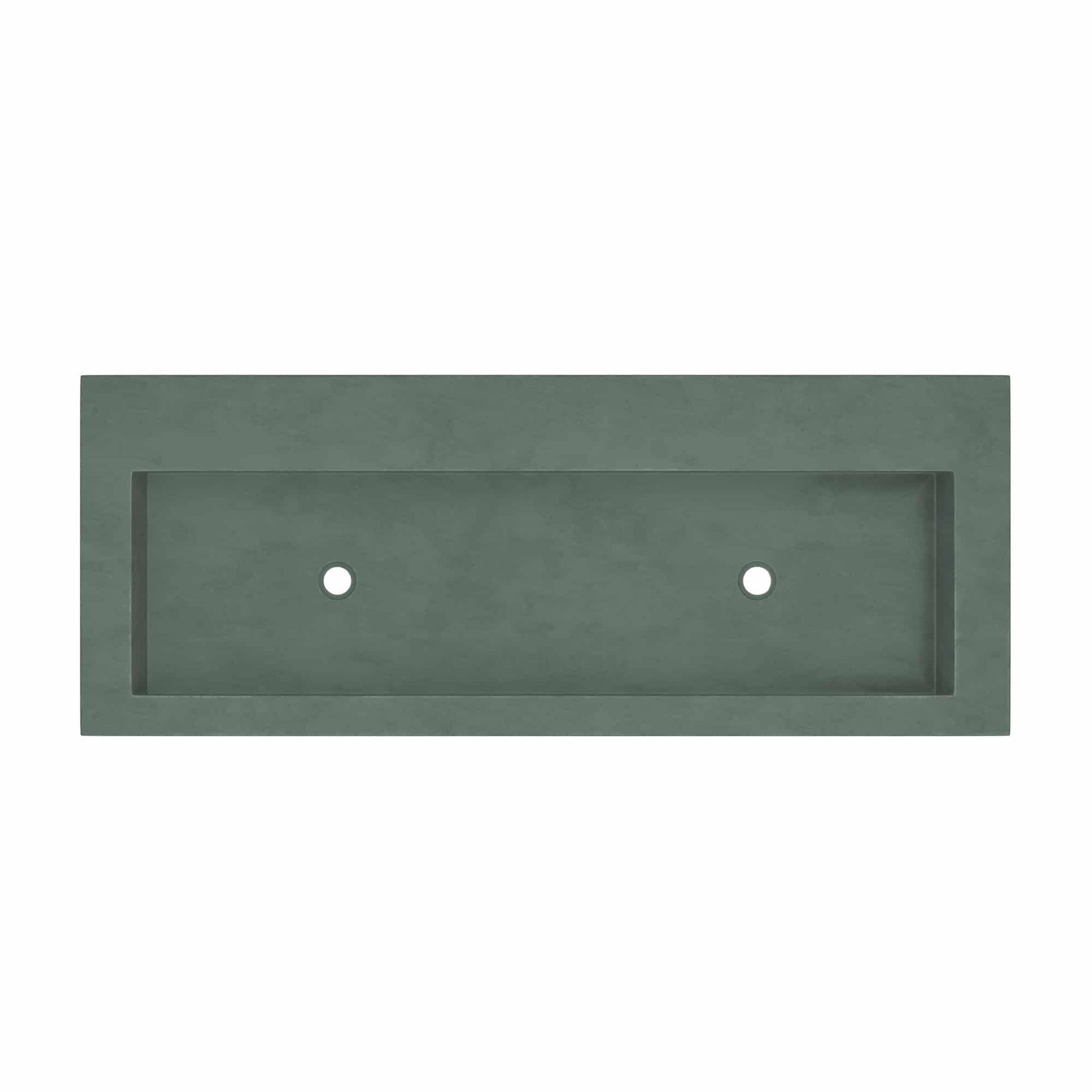 Forest green rectangular trough sink with two small holes, viewed from above.
