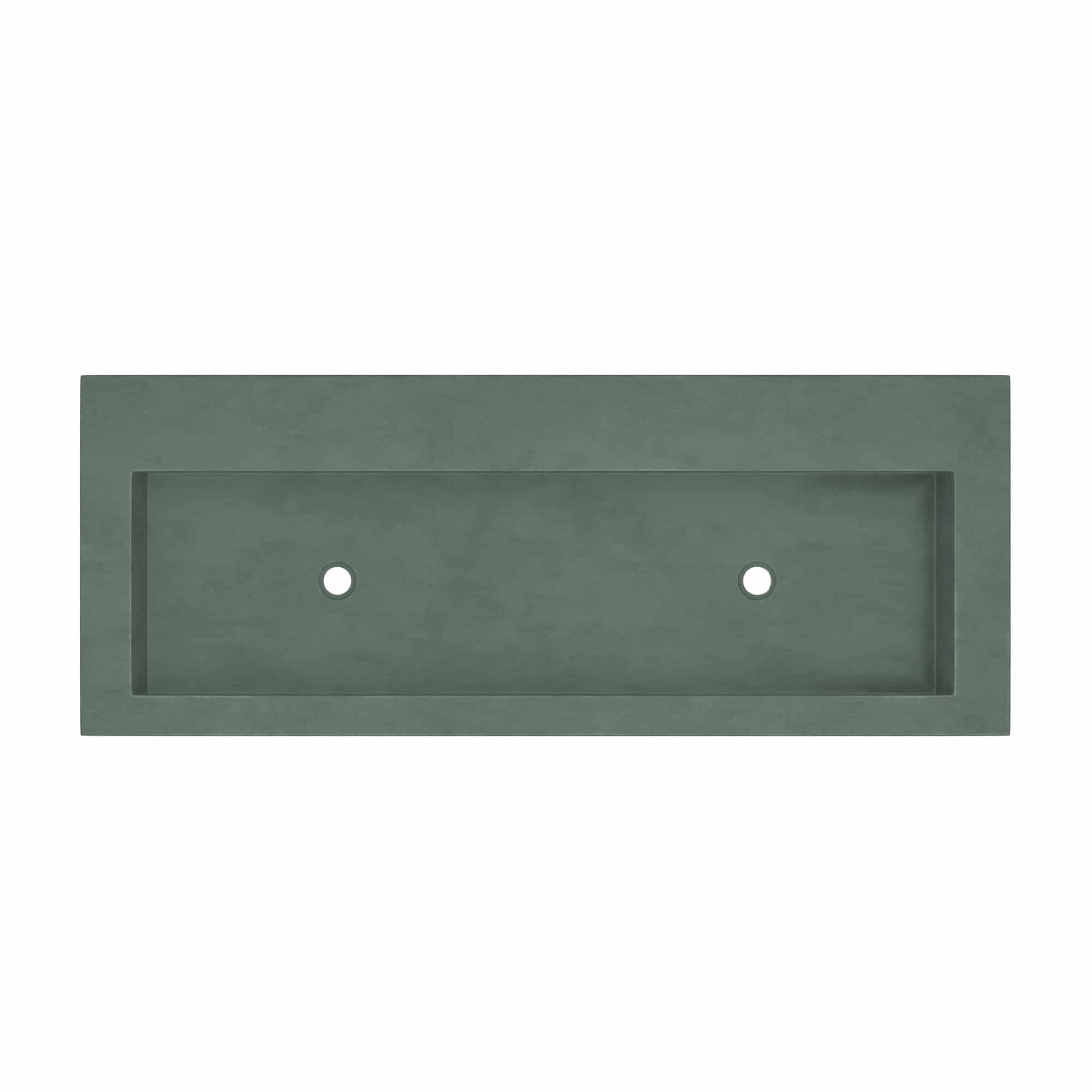 Forest green rectangular trough sink with two small holes, viewed from above.