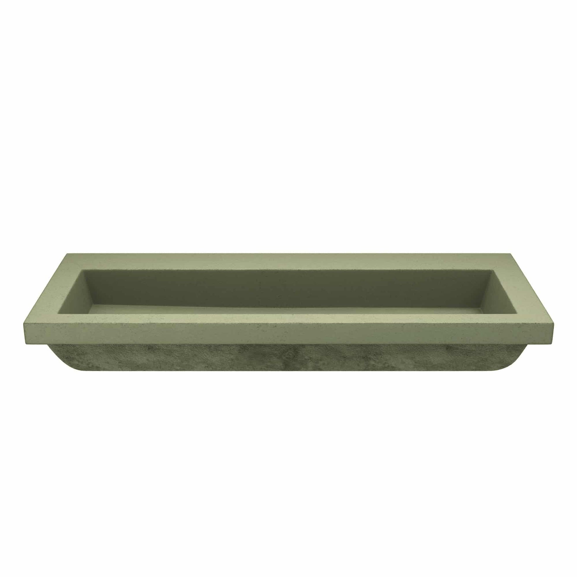 Sage-colored concrete trough sink with rectangular basin and no faucet holes.