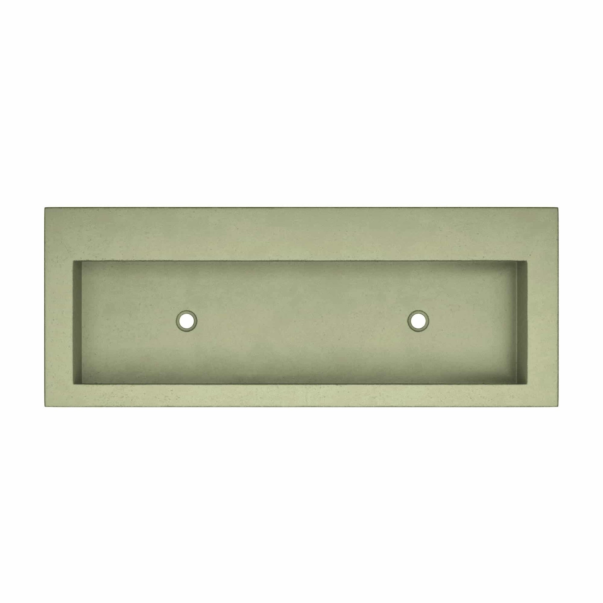 Sage-colored rectangular trough sink with two small drainage holes and no faucet holes.