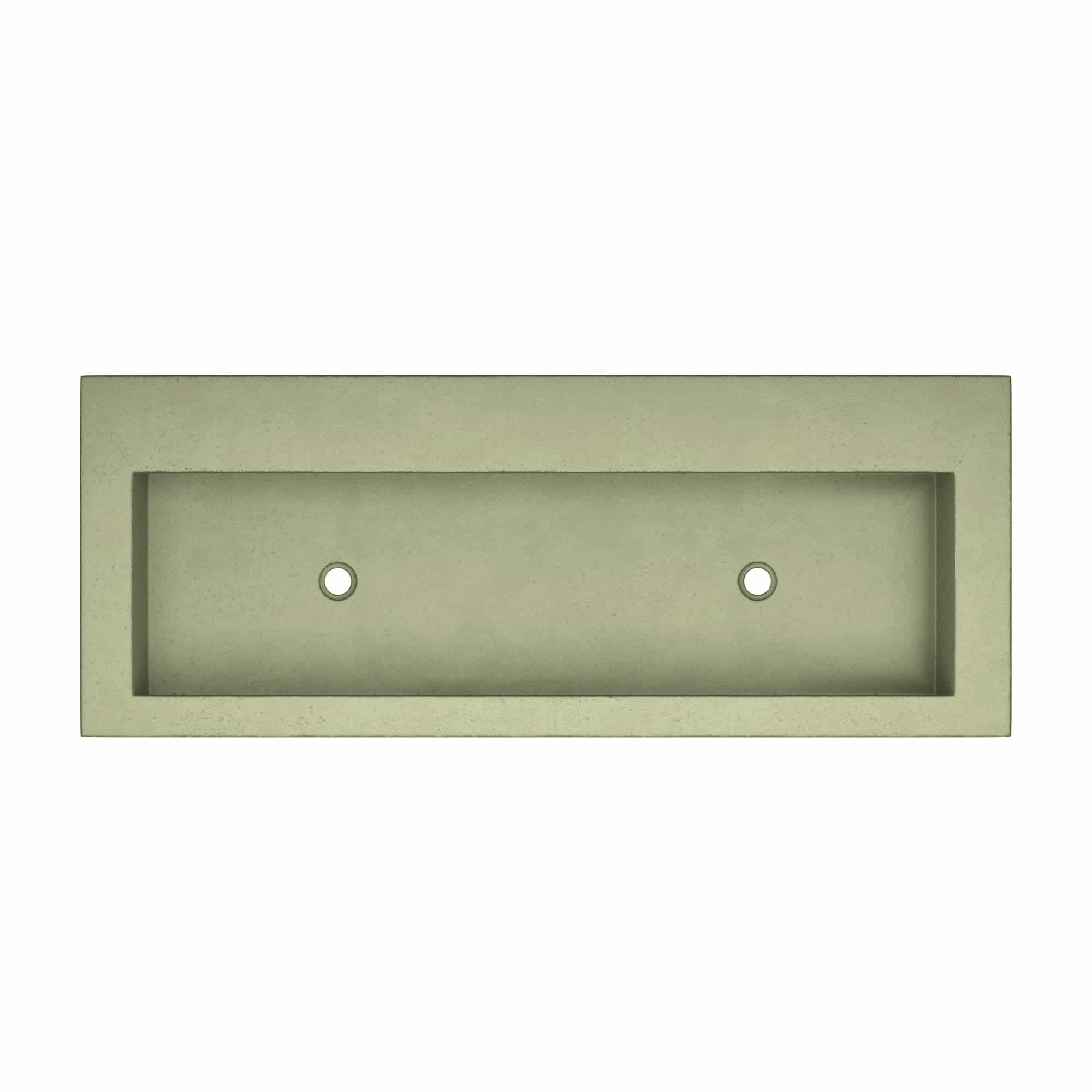 Sage-colored rectangular trough sink with two small drainage holes and no faucet holes.