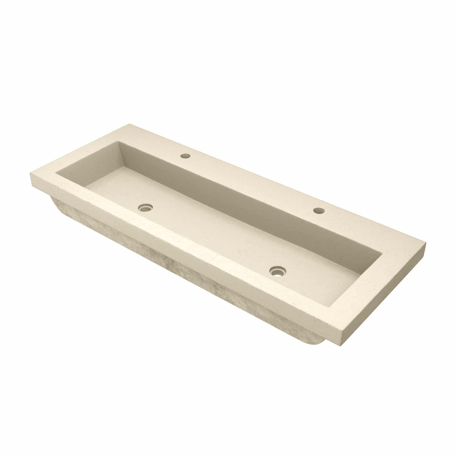 Sand-colored rectangular trough sink with multiple faucet holes and divided basin compartment.