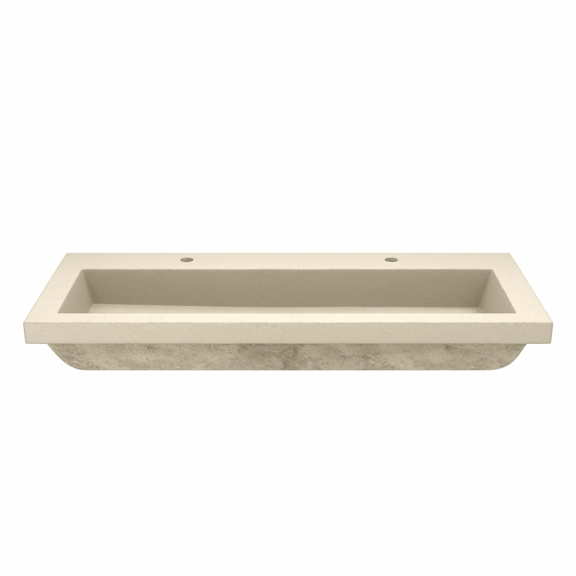 Sand-colored rectangular trough sink with two faucet holes and sloped sides.