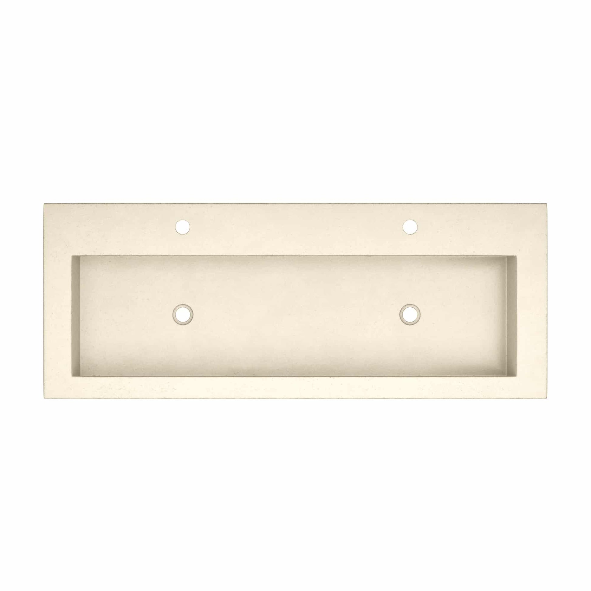 Sand-colored rectangular trough sink with cylindrical basin and mounting holes.