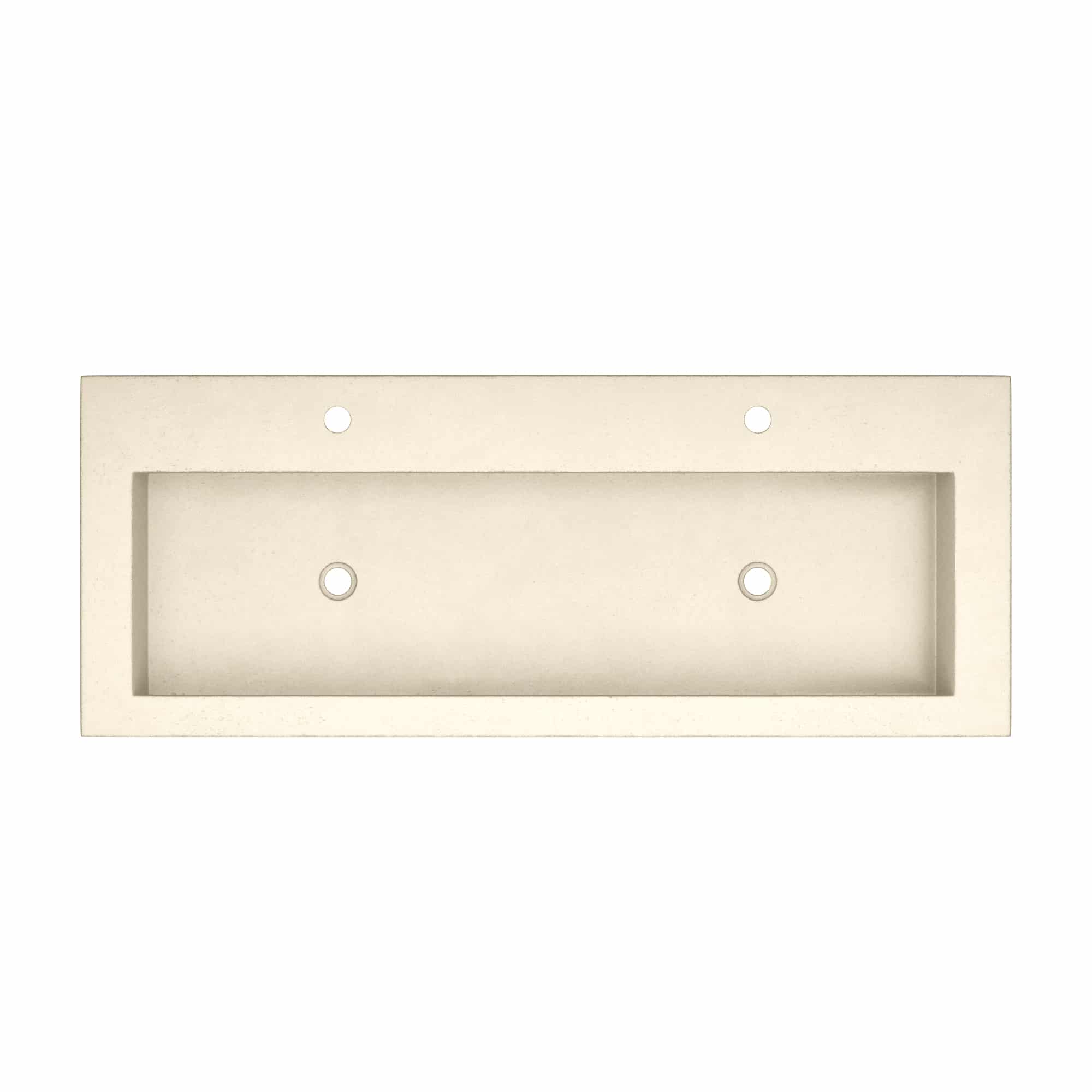 Sand-colored rectangular trough sink with cylindrical basin and mounting holes.