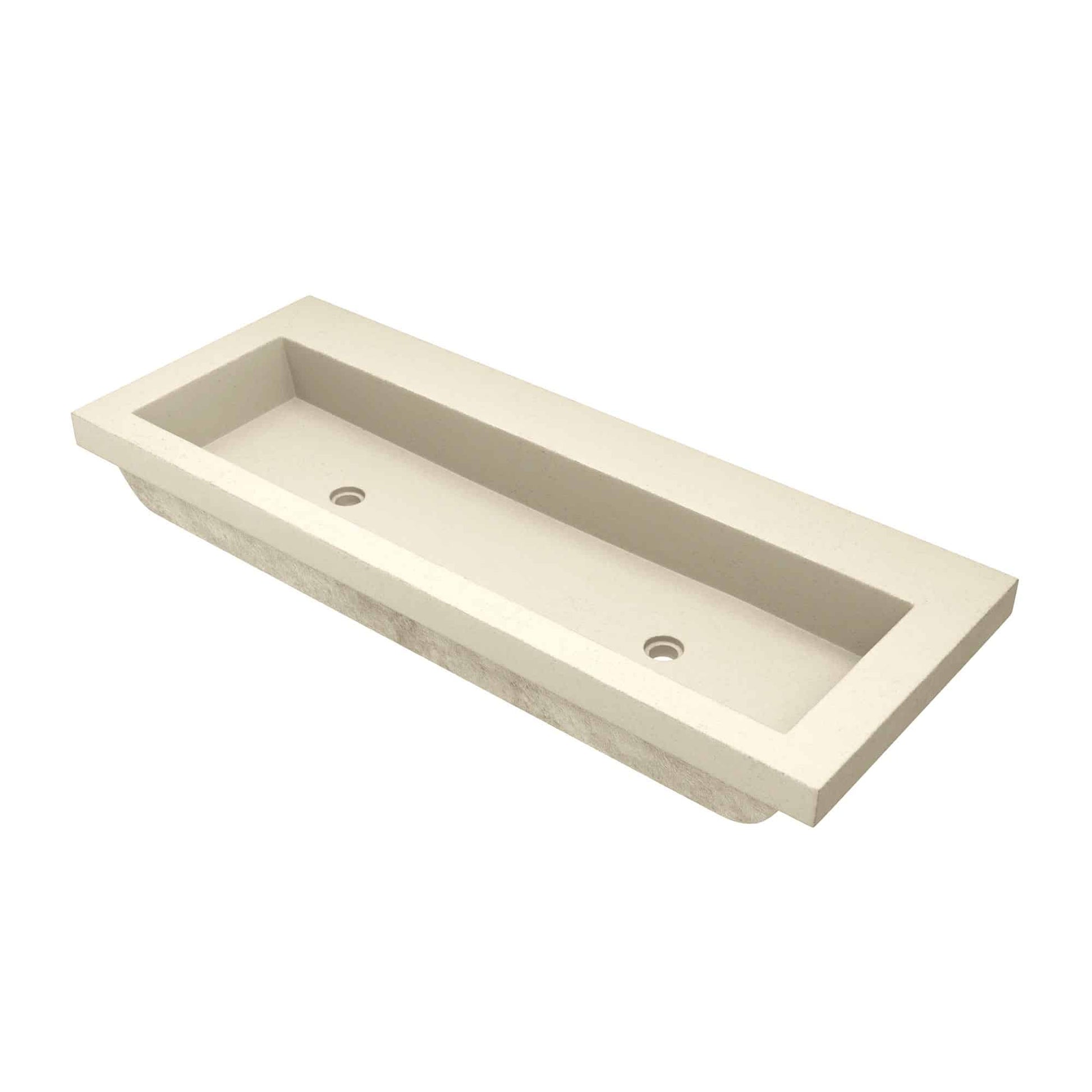 Sand-colored rectangular trough sink with two drain holes and no faucet holes.
